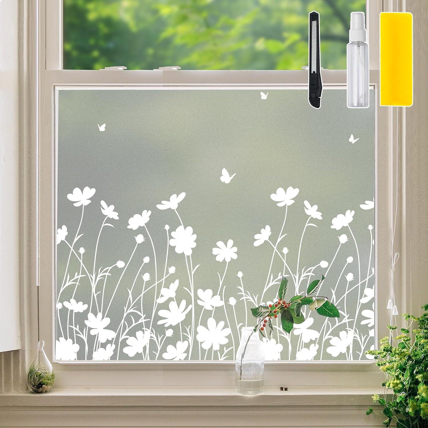 DKTIE Window Privacy Film Flowers Pure White Pattern Stained Glass Window Film Decorative Frosted Glass Window Film Sun Blocking Heat Control Static Cling (A274, 17.5\" x 78.7\") A274 17.5\" x 78.7\" SIMILAR TO PHOTOS