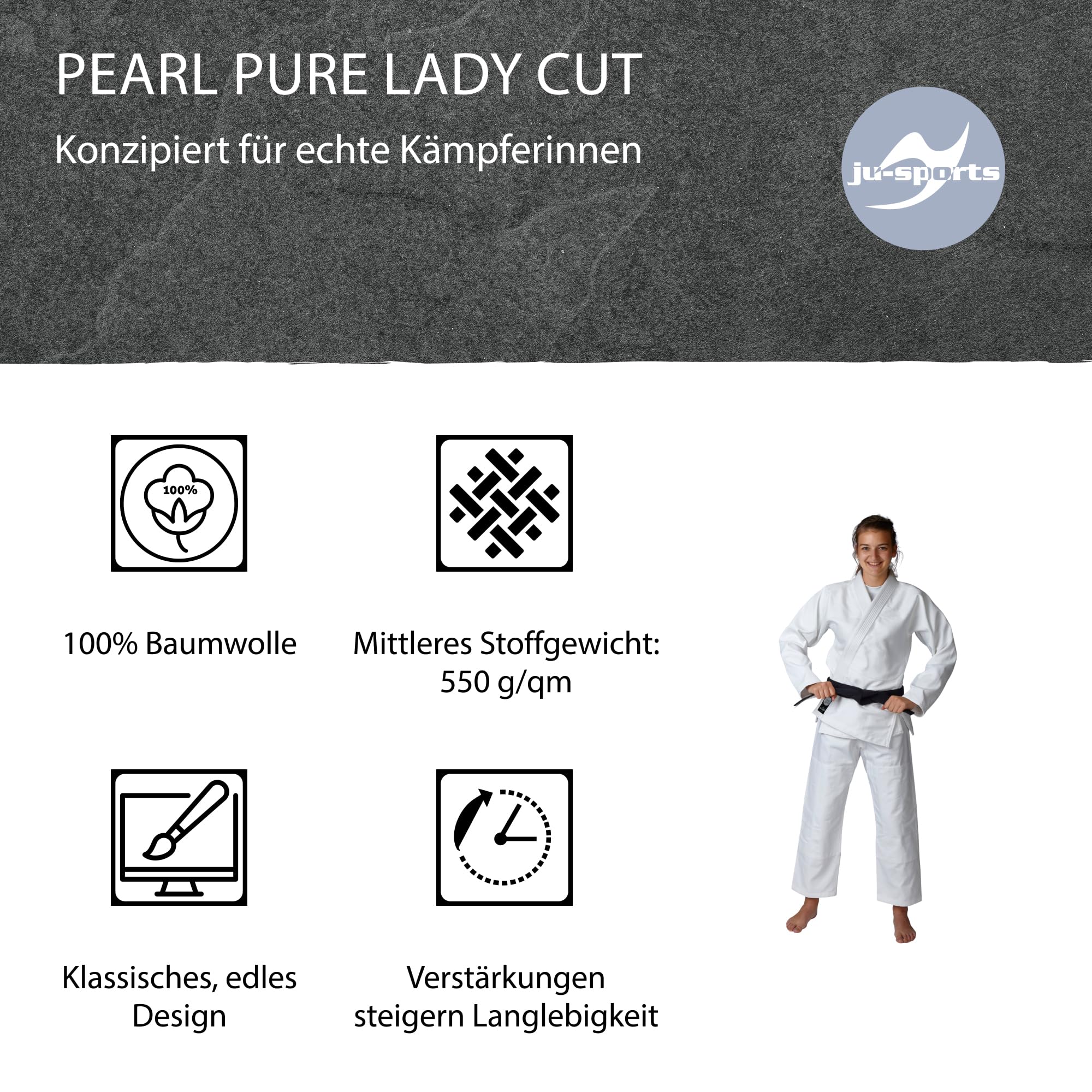 Ju-Sports BJJ Gi Pearl Pure Lady Cut weiß - Schmal geschnittener Brazilian Jujutsu Anzug speziell für Damen, 100% Baumwolle, Stoffgewicht 550 g/qm in Pearl-Webung