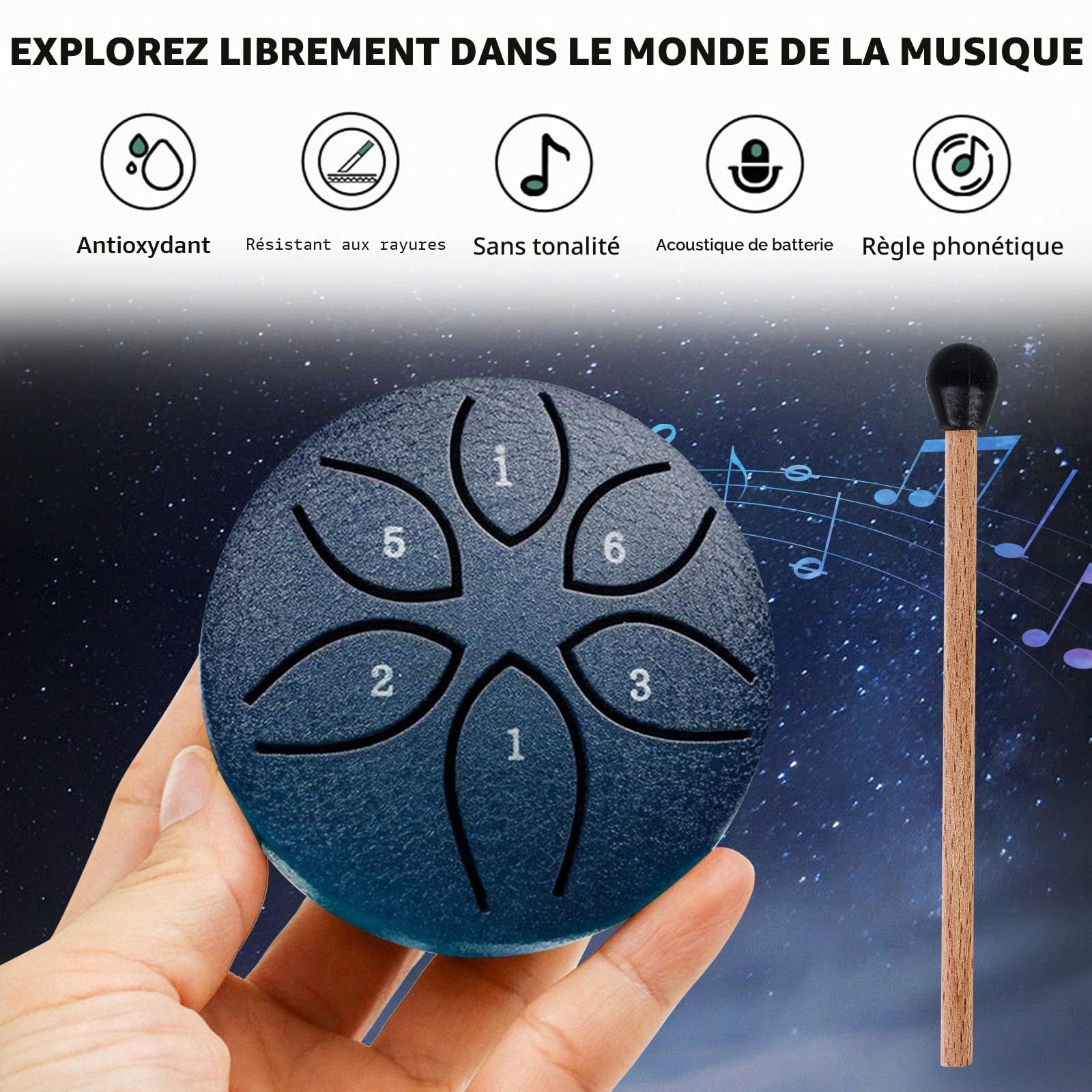 Lot de 2 mini tambours à langue en acier - 6 tons - 6 tons - Avec maillets - Pour concert, méditation, yoga, guérison par le son - Pour adultes