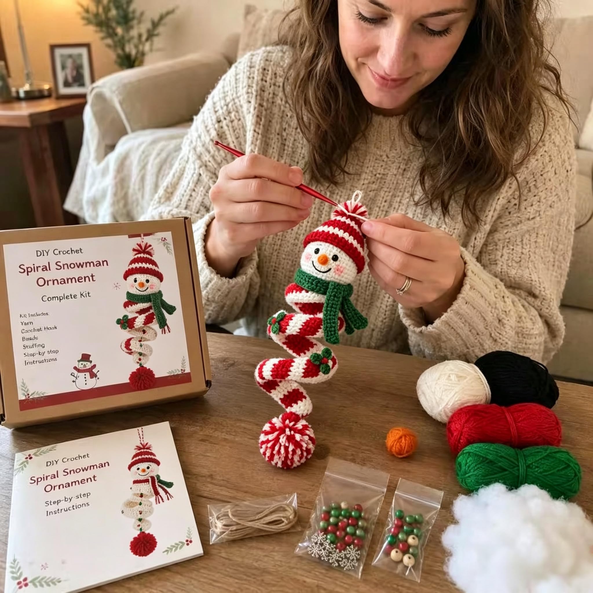 Gehäkeltes Schneemann-Spiral-Ornament-DIY-Set, alle Materialien zur