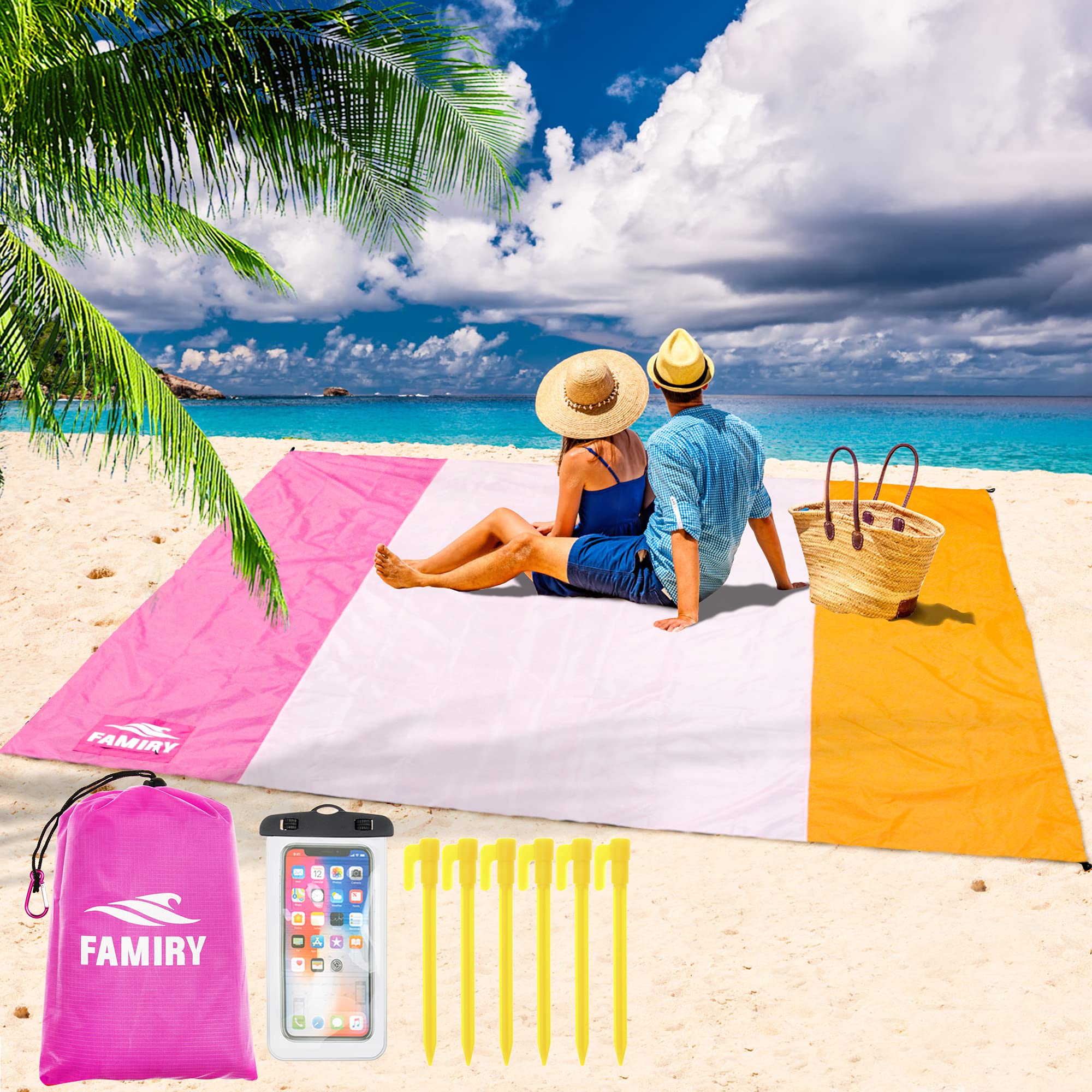 Famiry Sand Free Beach Blanket, Extra Large 10 x 9 Feet Size, Robust & Compact Beach Outdoor Mat, Includes 6 Stakes, 4 Sand Pockets & Zippered Pocket - Pink