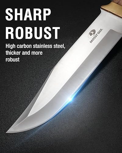 Miniatura 4 de Mossy Oak Cuchillo Bowie de 14 pulgadas, hoja fija de espiga completa, cuchillo de caza con mango de madera con funda de cuero para campamento