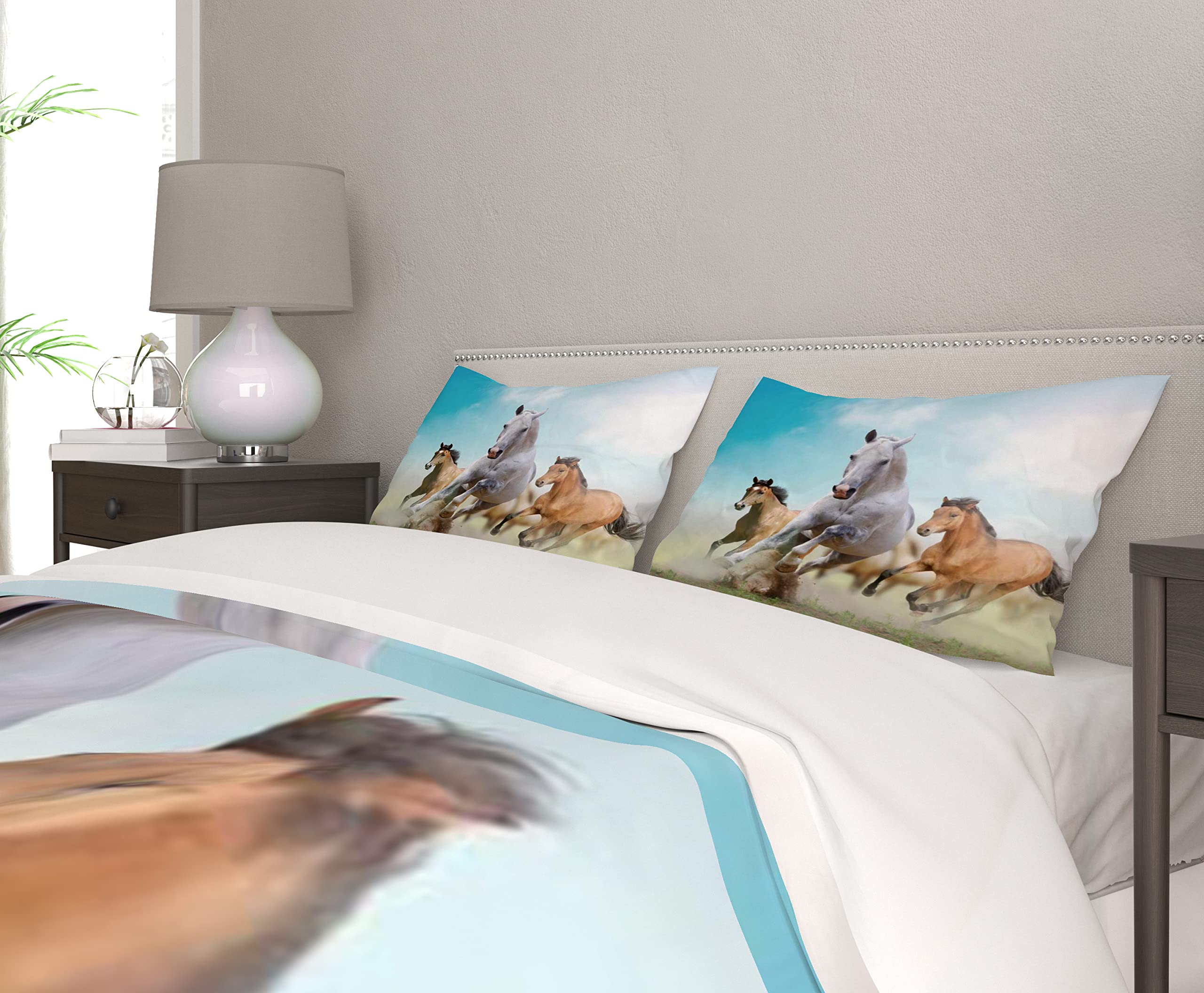 Set Biancheria Letto Con Stampa Cavalli - Microfibra Morbida - Con Cerniera Nascosta - Per Bambini E Ragazzi - Design Colorato 3D - Foto 3