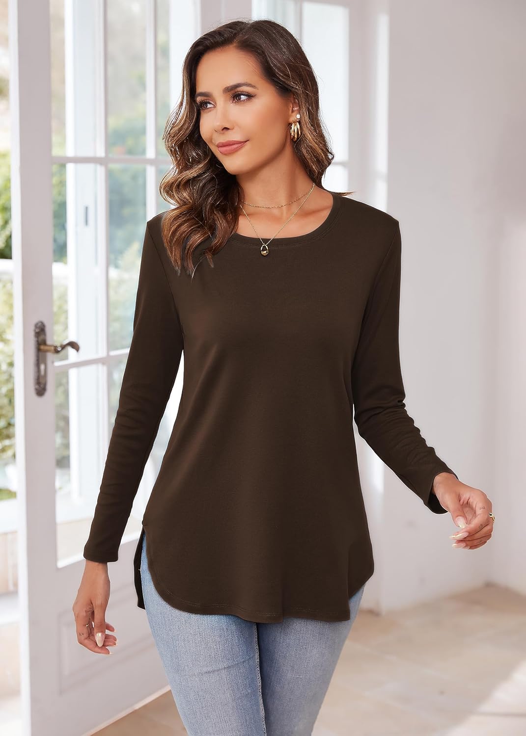 Herou Women's Casual Long Sleeve T Shirt Crewneck with Side Split Fall Pullover Loose Tunic Sweater Tops - Image 3