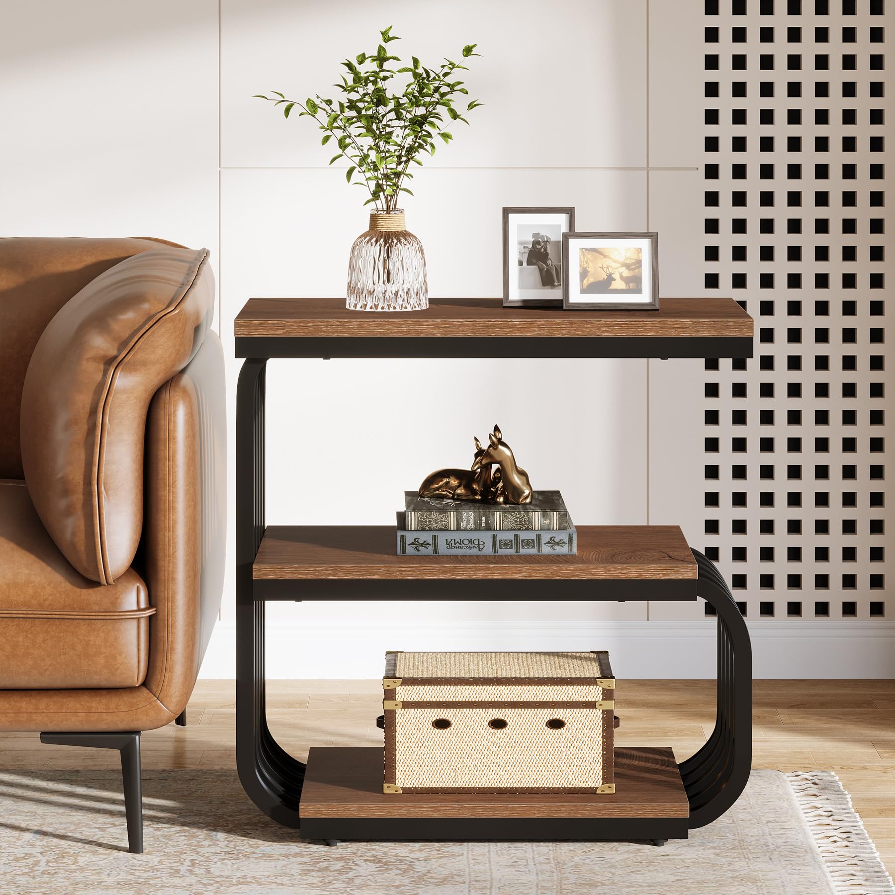 Tribesigns Table d'Appoint Industrielle 3 Niveaux, Étagère Chevet Étroite avec Cadre Métal, Table Basse Style Vintage pour Salon ou Petit Espace, Marron (Marron Vintage)