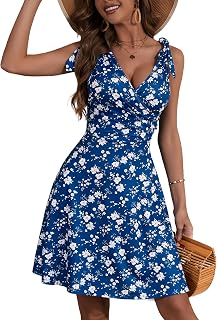 Women's Summer Floral Sundress 2025 Sleeveless Tie Shoulder V Neck Flowy A-line Elastic Waist Ruffle Mini Dresses
