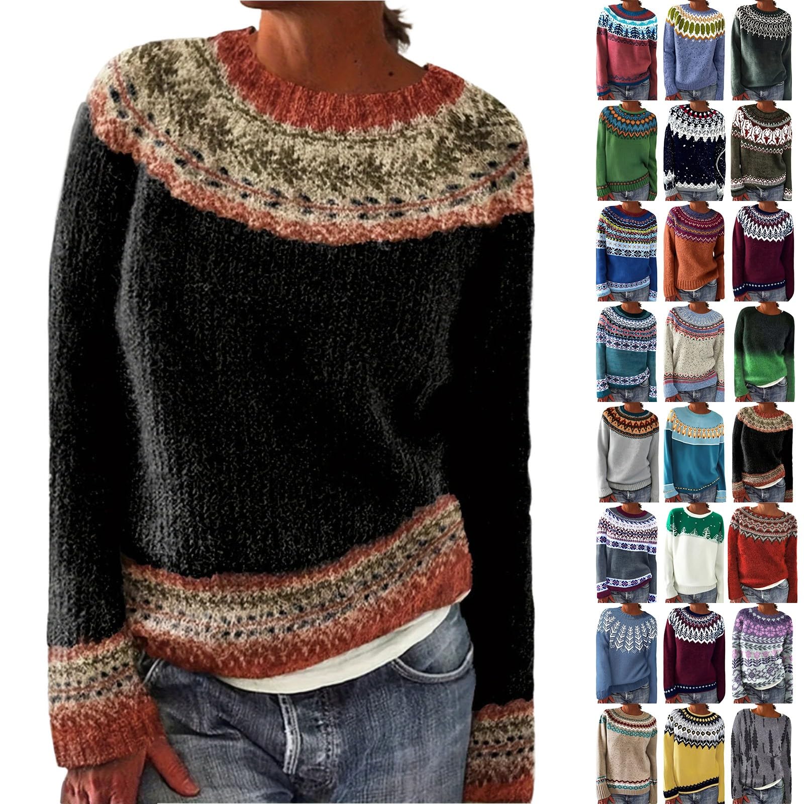 Fair Isle Sweater Women Oversized Knit Vintage Boho Argyle Crochet Cozy Long Pullover Sweaters Fall Winter Outfits