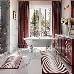 Bathroom Rugs and Mats Sets, 2 Piece Thick Absorbent Chenille Bath Mat Rug Set Non Slip, Soft Shaggy Bath Room Floor Mats for Bathroom, Machine Washable (Burgundy Red, 20" x 47" Plus 16" x 24")