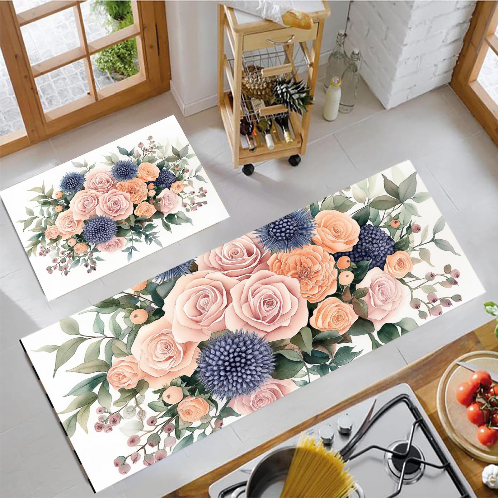 Alfombras de cocina lavables y duraderas que protegen tus suelos con estilo rosa y verde