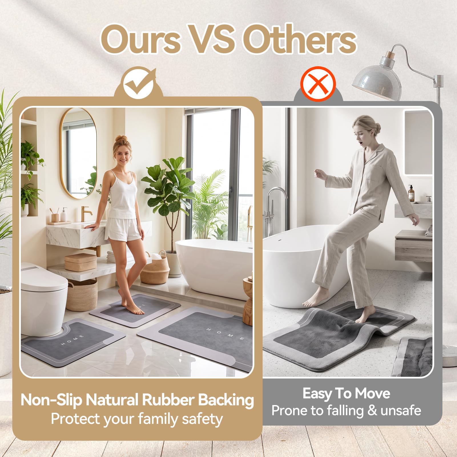 Set de 2 Alfombrillas de baño, Alfombrillas de baño Antideslizantes, Sets de Alfombrillas de baño de Secado rápido con Tierra de diatomeas Absorbente, Alfombrilla，Gris Claro：43x60cm & 50x80cm