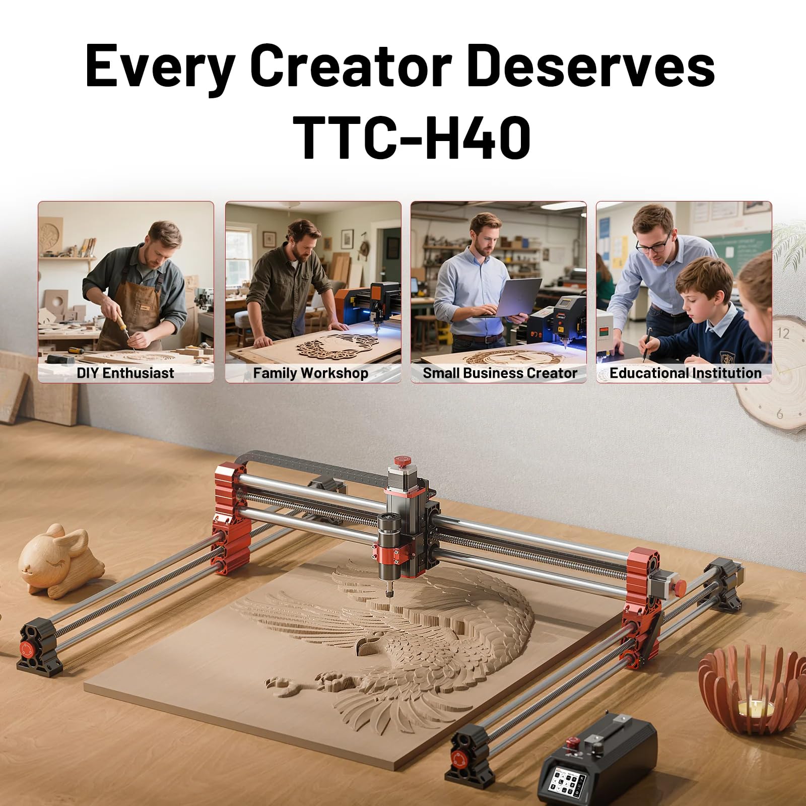 Twotrees TTC-H40 CNC Lasergravierer & Schneider 2-in-1, Gravurfläche 1000 x 1000 mm, inkl. VCarve Desktop Software, Präzisions-Laser- und Fräsmaschine für Holz, Acryl und Leder