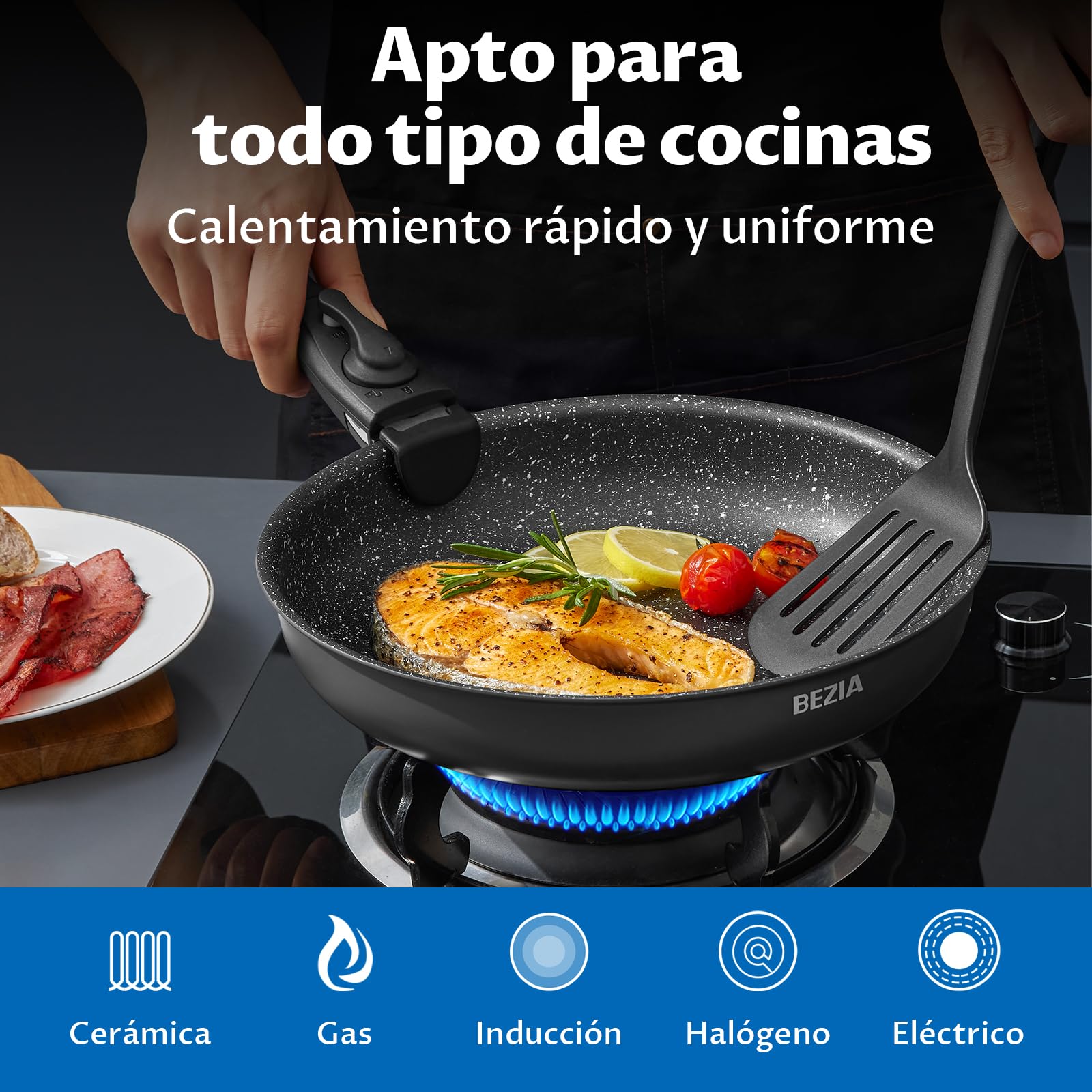 BEZIA Juego de Ollas y Sartenes 13 piezas, Sartenes Mango Extraíble, Batería de Cocina Antiadherente, sin PFOA y PFOS, apilable para todo tipo de cocinas, apto Lavavajillas y Horno
