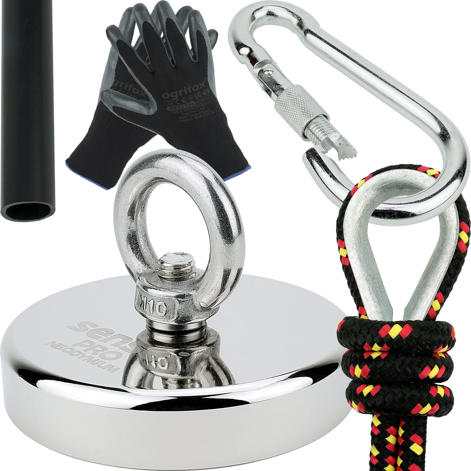 Zestaw SENSEI 400 kg, Magnes Neodymowy N52 z Uchwytem, Ø9 x H1,8 cm, Lina Żeglarska 25 m, Rękawice Ochronne + Akcesoria, Zestaw do Poszukiwań i Połowów Magnesem
