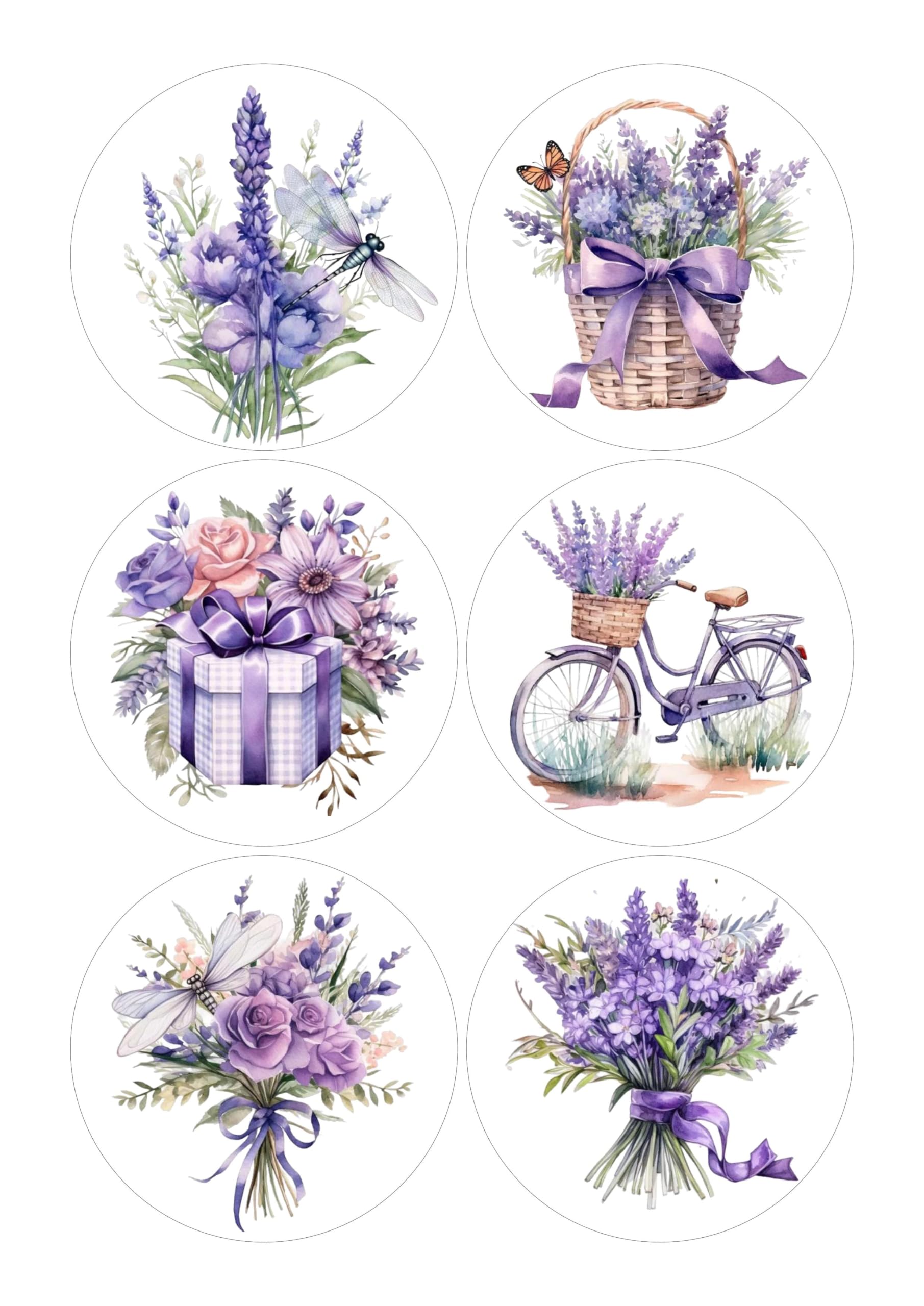 12 Lavender Selection Card Making Toppers Self Adhesive Circles - Glossy Finish Medium 88mm (3.5 inches) Diameter - Pack of 12 (Two Sheets of 6) - Crafts Labels