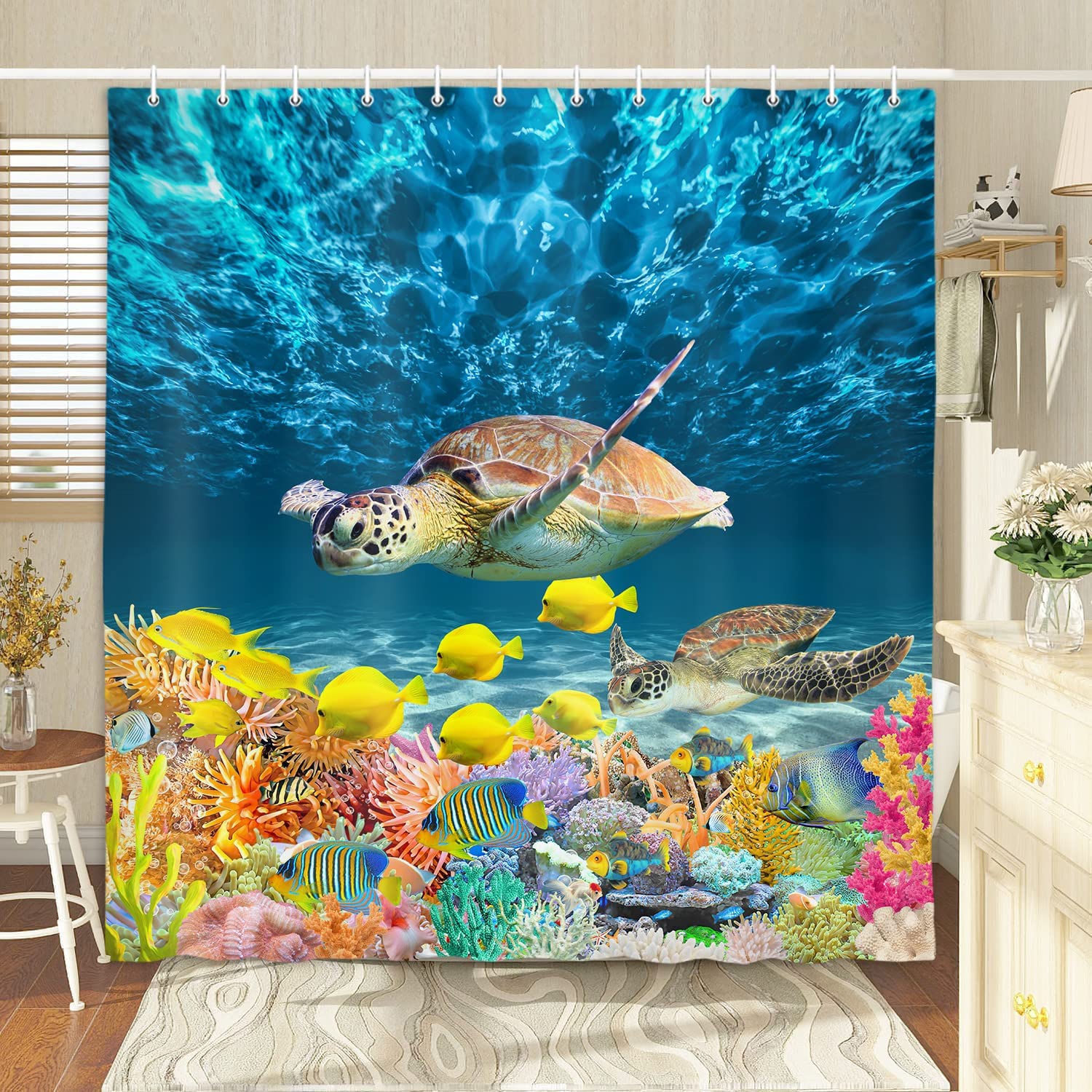 Amazon｜ウミガメ ファブリックシャワーカーテン 海 水中 世界
