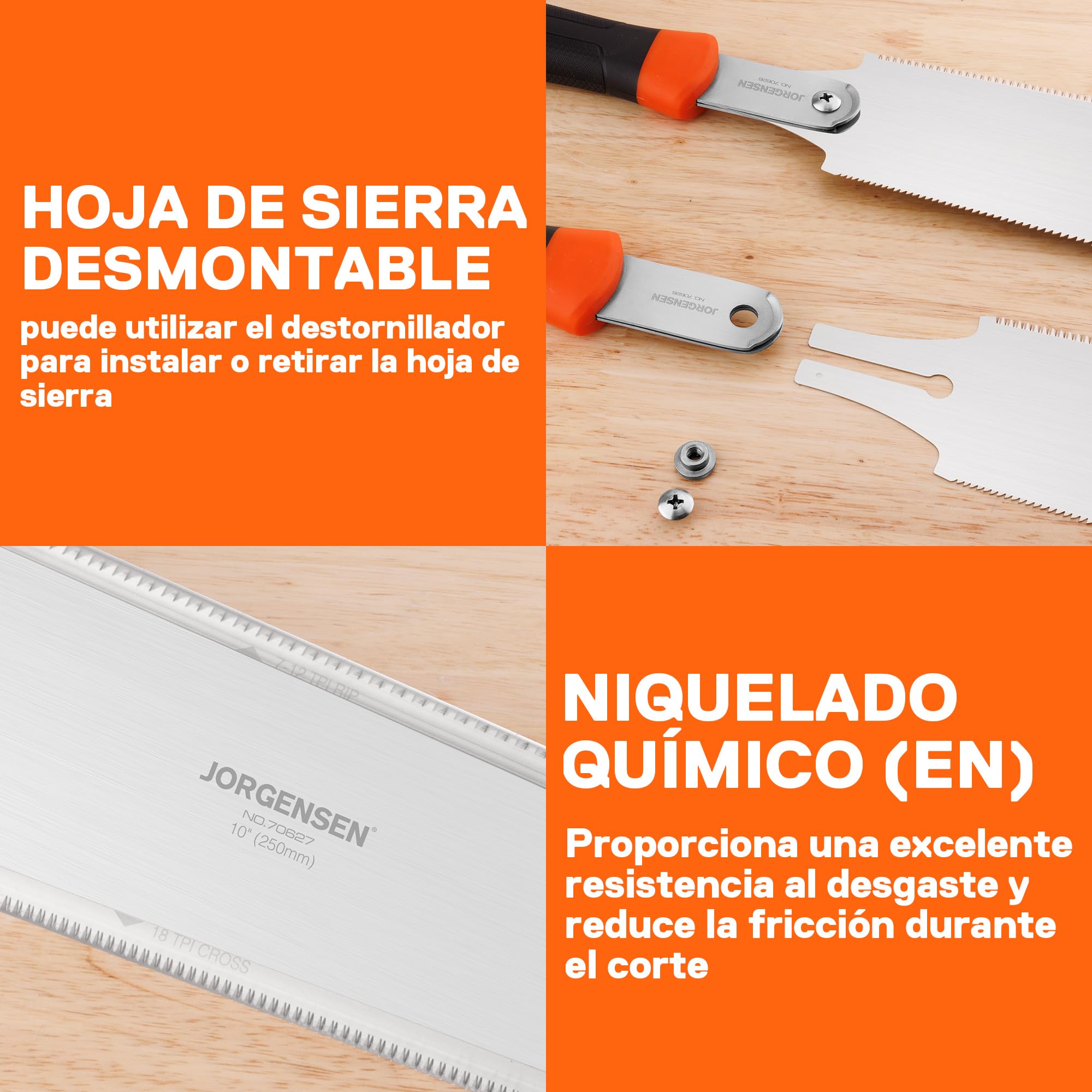 Jorgensen Sierra Japonesa Profesional de Doble Filo, Sierra de Mano con Hoja SK5 y Reemplazable, Sierra Madera con Mango Ergonómico de TPE, Perfecta para Trabajos de Madera