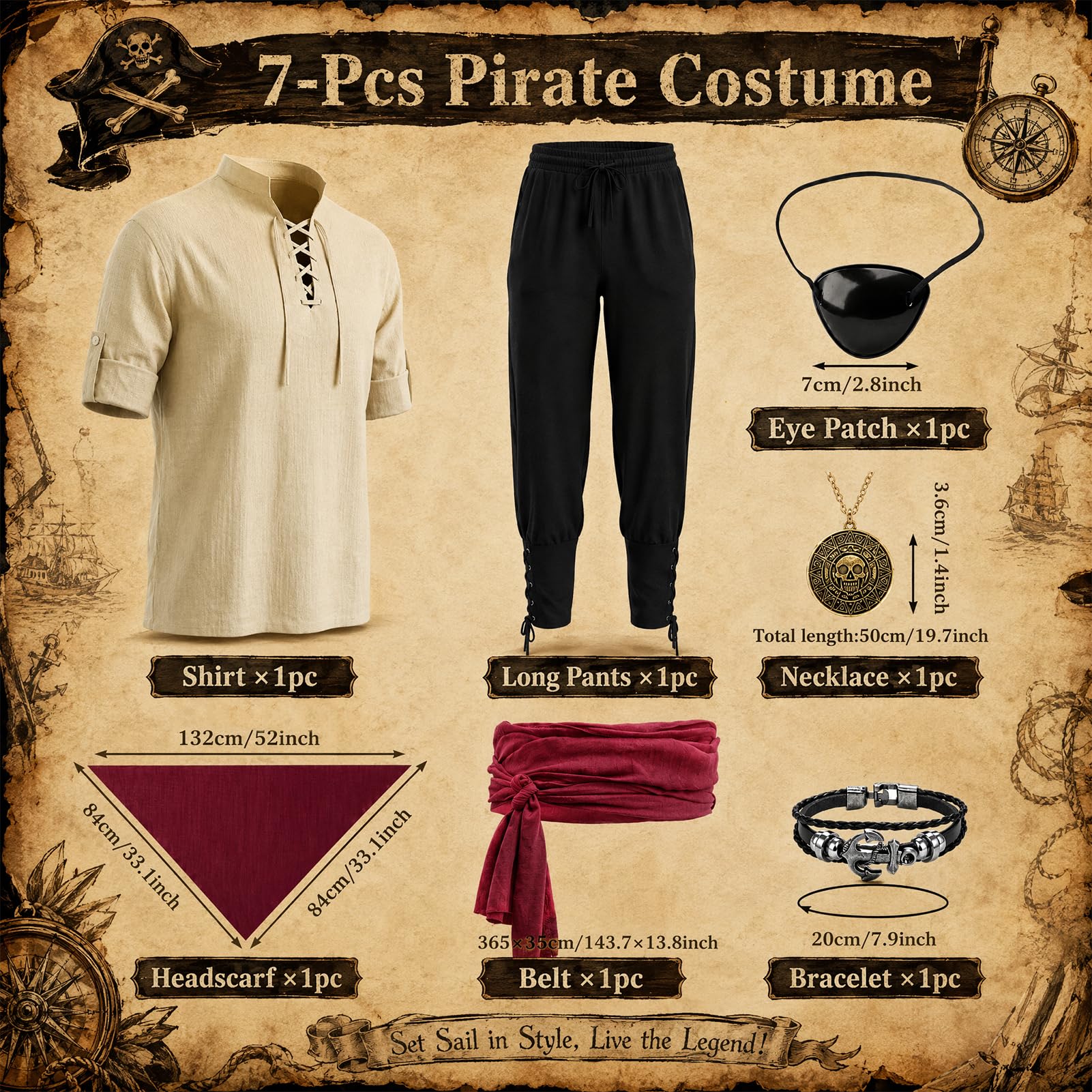 7-teiliges Piratenkostüm, Halloween-Kostüm, Herren, Piratenkostüm, Erwachsenen-Kostüm, Halloween-Kostüme für Karneval, Cosplay-Partys