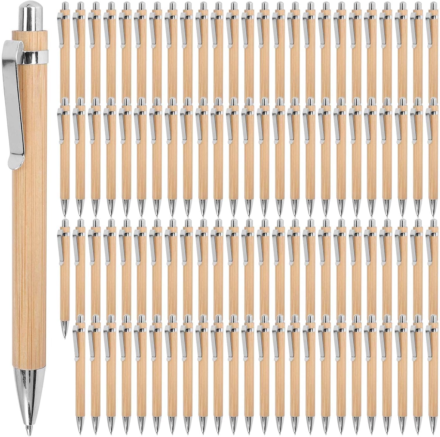 Confezione da 100 penne a sfera retrattili in bambù, 1,0 mm, inchiostro blu, scrittura liscia, per ufficio, scuola, uso quotidiano e come regalo