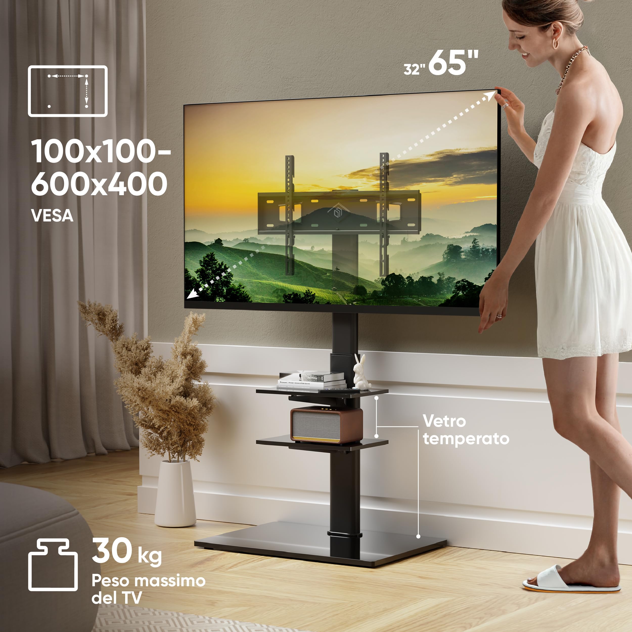 ONKRON Piedistallo TV da 32 a 65 pollici, Carico Totale 40 kg, Porta Televisore da Terra max VESA 600x400 mm, Piede TV Universale, Girevole, Porta Televisore con Ripiani, Nero, TS5550-B
