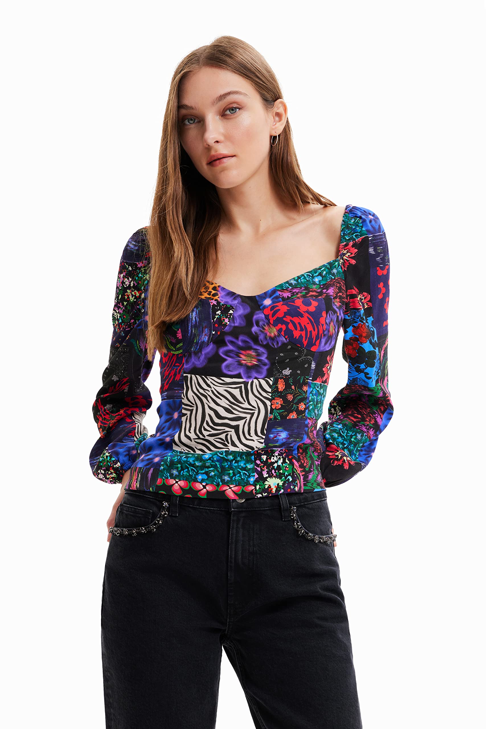 Desigual Women's BLUS_Patch Flowers 2000 Black Blouse, XL