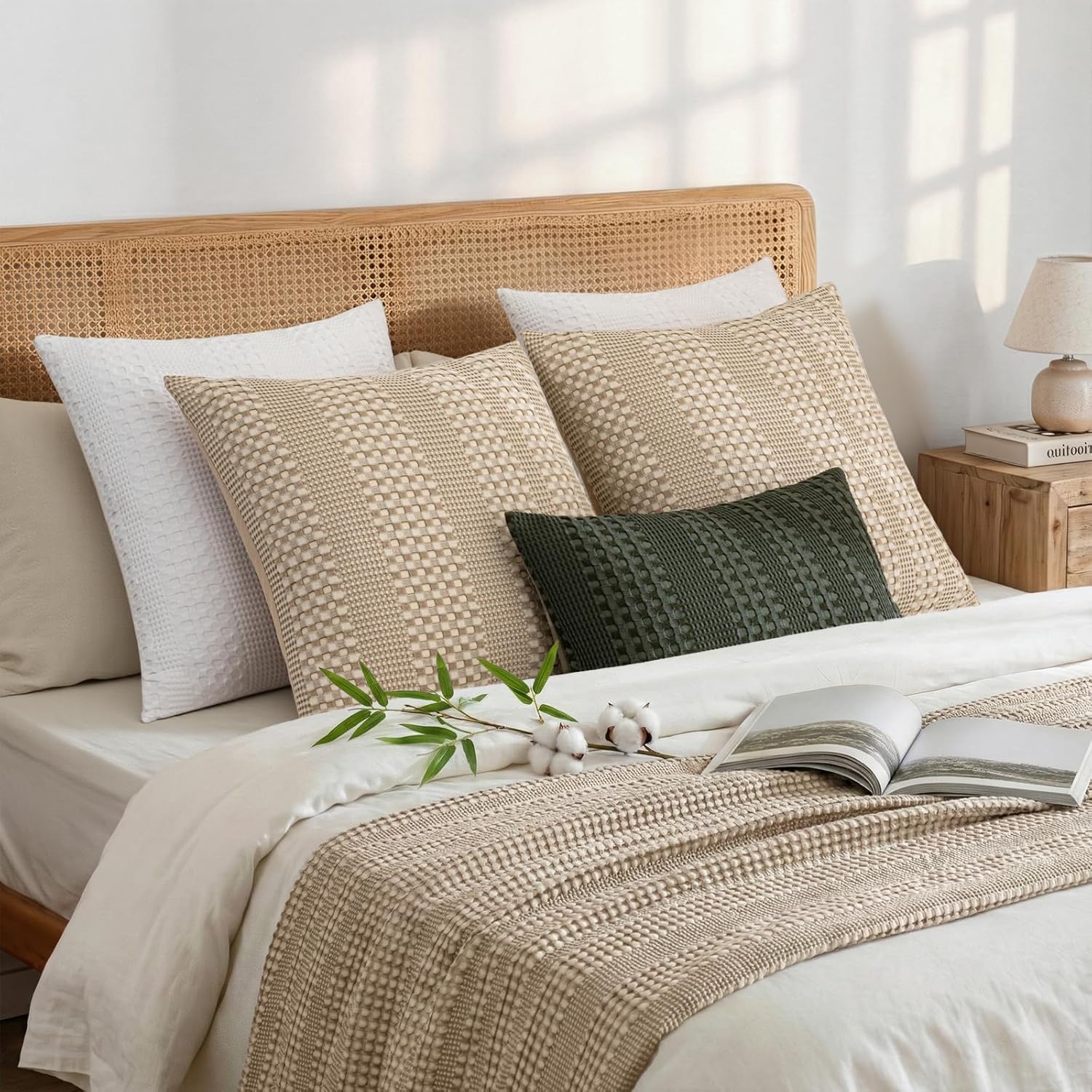 a moment 2 Pack Bamboo Fiber Pillow Covers - Waffle Weave, Ultra Soft & Breathable, Euro Shams Cotton Throw Pillow for Couch, Sofa, Bedroom Living Room 24x24 Inch Khaki