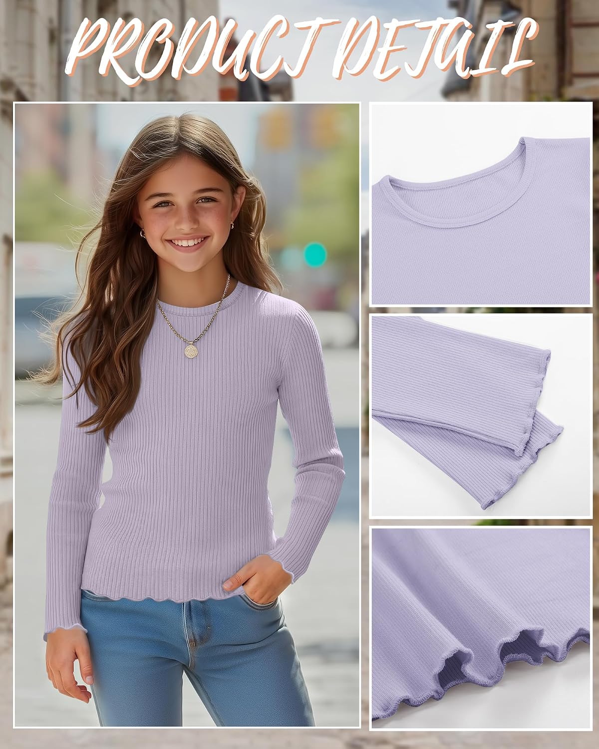 3 Pack Girls Long Sleeve Shirts Ribbed Cotton Tops