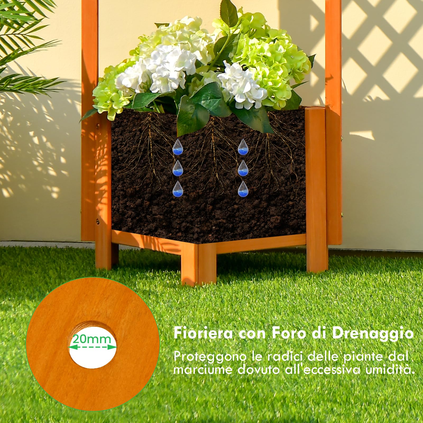 RELAX4LIFE Fioriera da Esterno in Legno, Aiuola Rettangolare con Grigliato e Drenaggio, Porta Piante di Fiori e Rampicanti per Giardino/Balcone/Cortile (Modello 2)