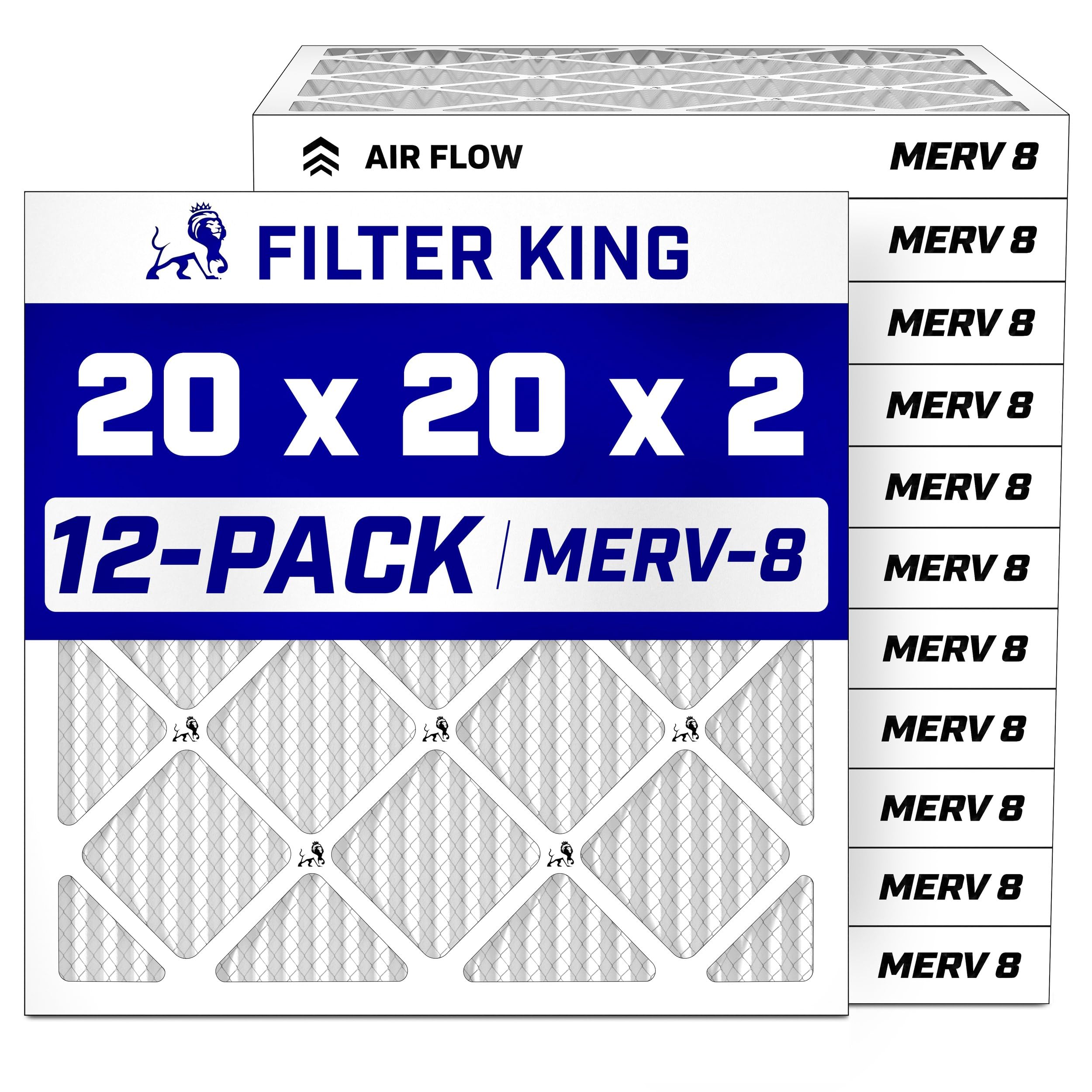 Filter King 20x20x2 Air Filter MERV 8, AC Furnace Filters (12-Pack) | Dust & Allergy Control (Actual Size: 19.5 x 19.5 x 1.75)