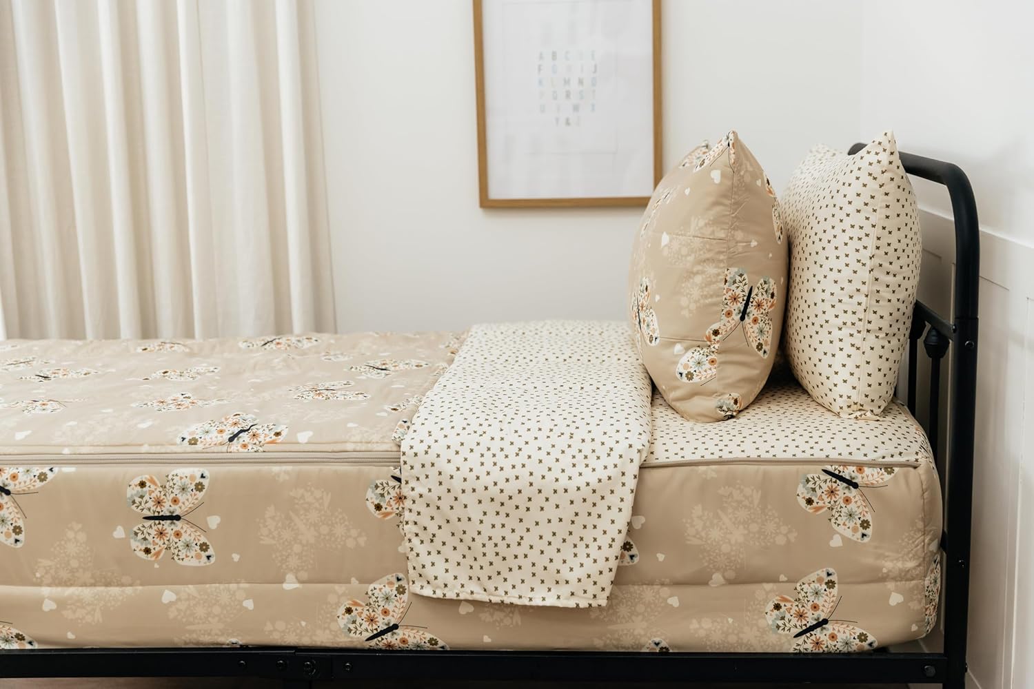 Beddy's Butterfly Themed Durable Zipper Bedding for Kids, Bed in a Bag, Beige Sheets & Comforter with Butterflies, Hearts & Floral Design, Includes Pillowcase & Pillow Sham, Easy to Make & Wash