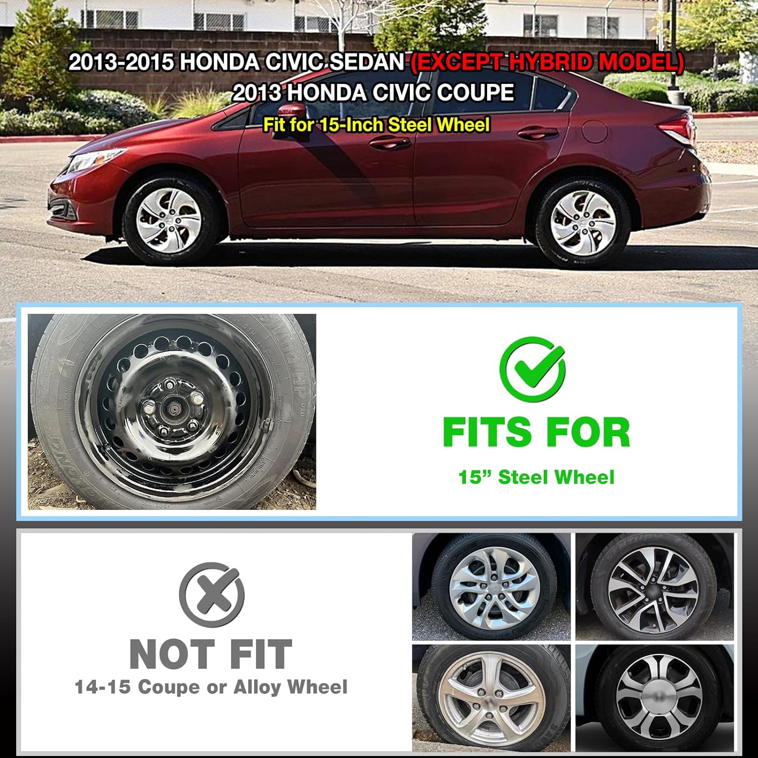 15'' Hubcaps Wheel Covers for 2013-2015 Honda Civic Sedan & 2013 Honda Civic Coupe, ABS+PC Plastic Bolt-on Hubcap Replacement Set of 4, 15 inch Silver OEM# 44733-TR3-A00