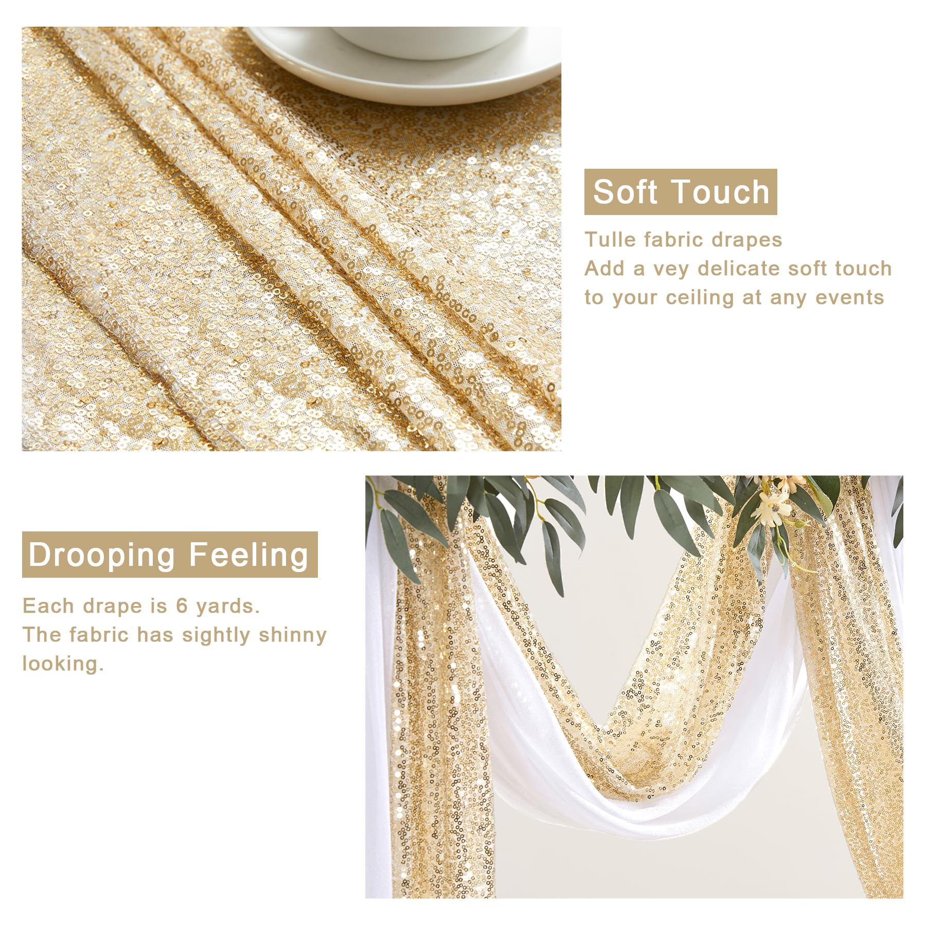 Wedding Arch Draping Fabric, 1 Panel 28" x19ft White Wedding Arch Drapes & 1 Panel 16" x19ft Champagne Sequin Fabric Drapes Arbor Backdrop Curtain for Wedding Arch Ceremony Bridal Shower Reception