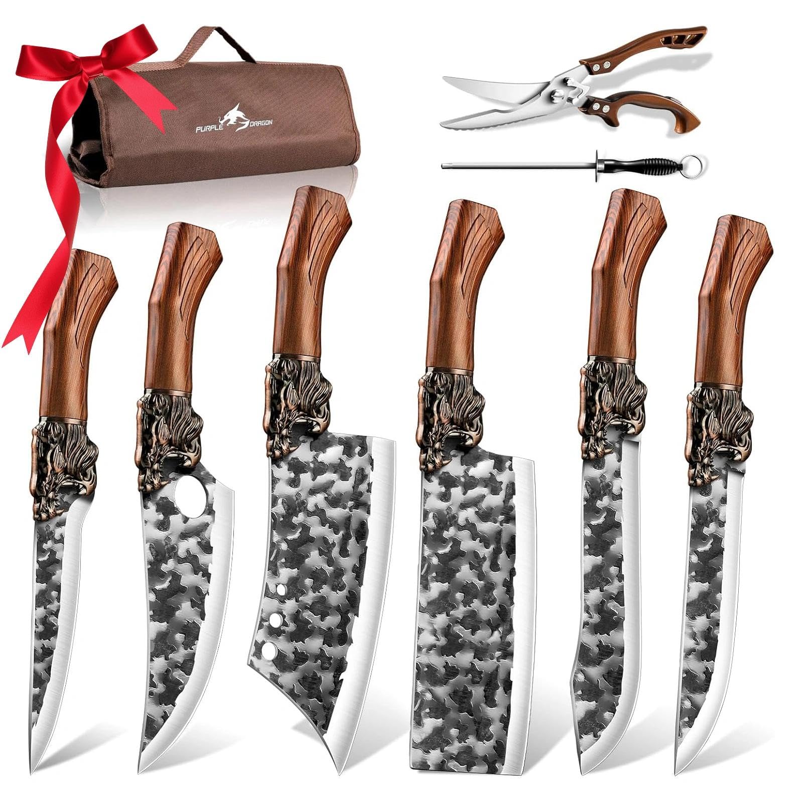 Purple Dragon 8 Pcs Japanese Chef Butcher Knife Set with Roll Bag