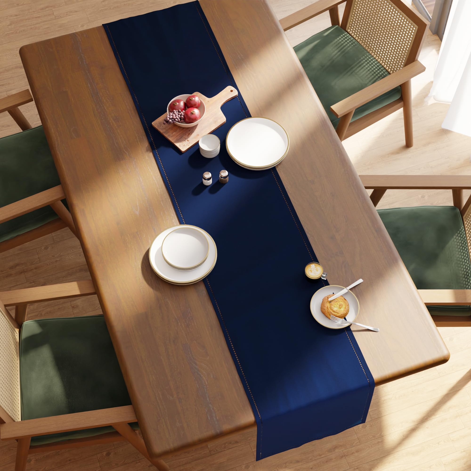 Encasa XO Runner da Tavolo | Puro Cotone con Design Orlato | Dimensioni 40x183 cm | Scotch Blue - Lavabile in Lavatrice