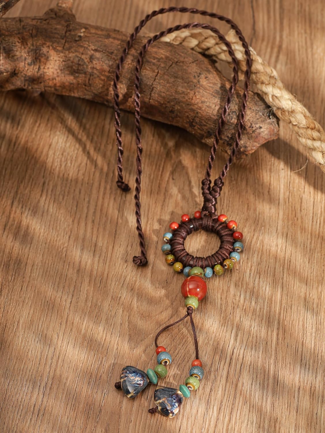 MINACHI Boho Hippie Colorful Ceramic Beads Strand O Ring Circle Charm Long Y Necklace, Vintage Bohemian Statement Jewelry Gift for Women - Image 3