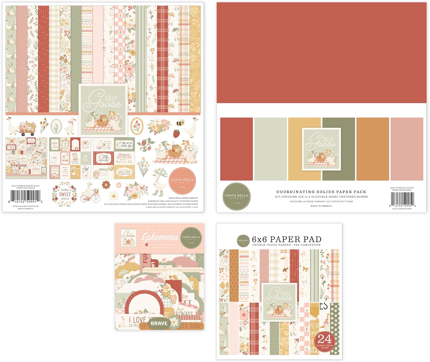 Carta Bella Silly Goose Classic Bundle Art Craft Kit with Collection Kit, Solids Kit, Ephemera Pack, and 6x6 Paper Pad