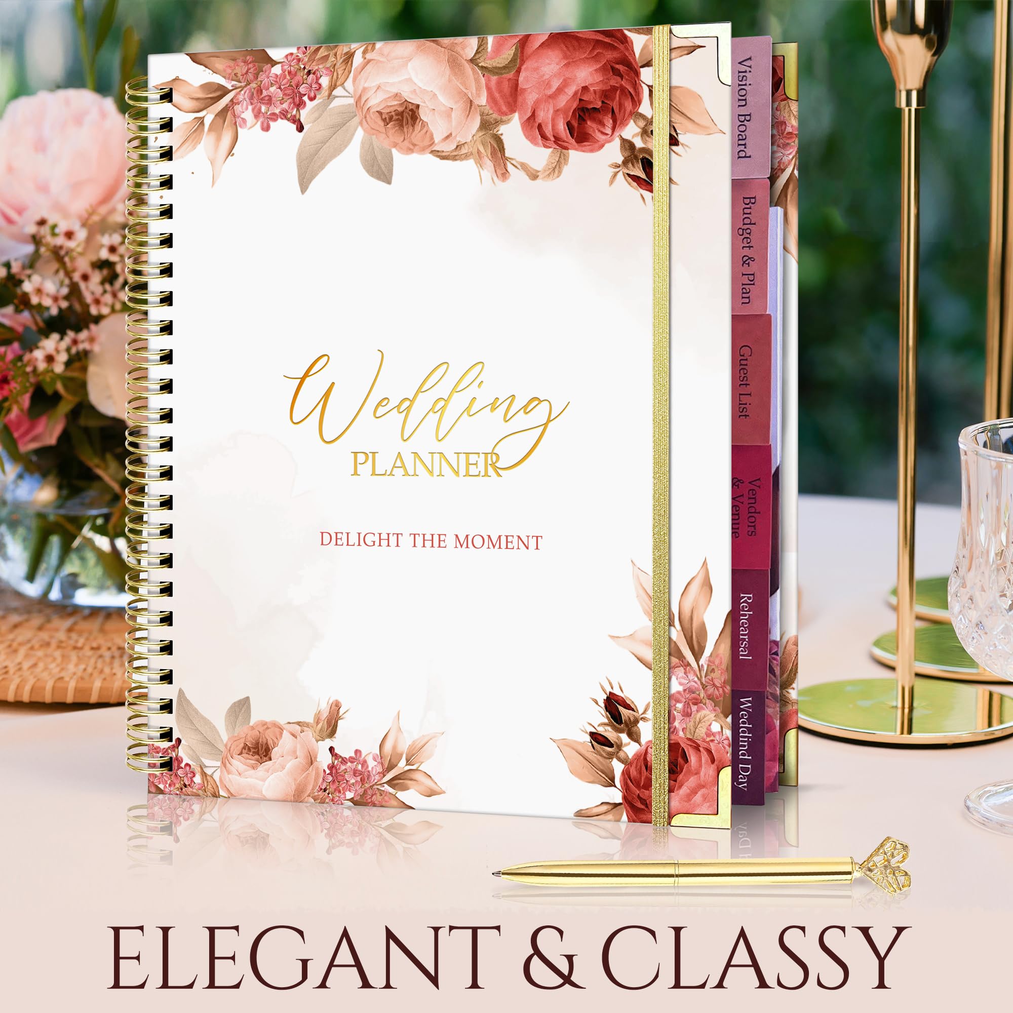 Eleganter Vintage-Hochzeitsplaner mit Blumenmuster, 22,9 x 27,9 cm, Hochzeitsplaner und Organizer mit goldenen Kanten, schönen Rosen und Taschenteilern, Tagebuch mit 132 Seiten, Hochzeitsplaner für
