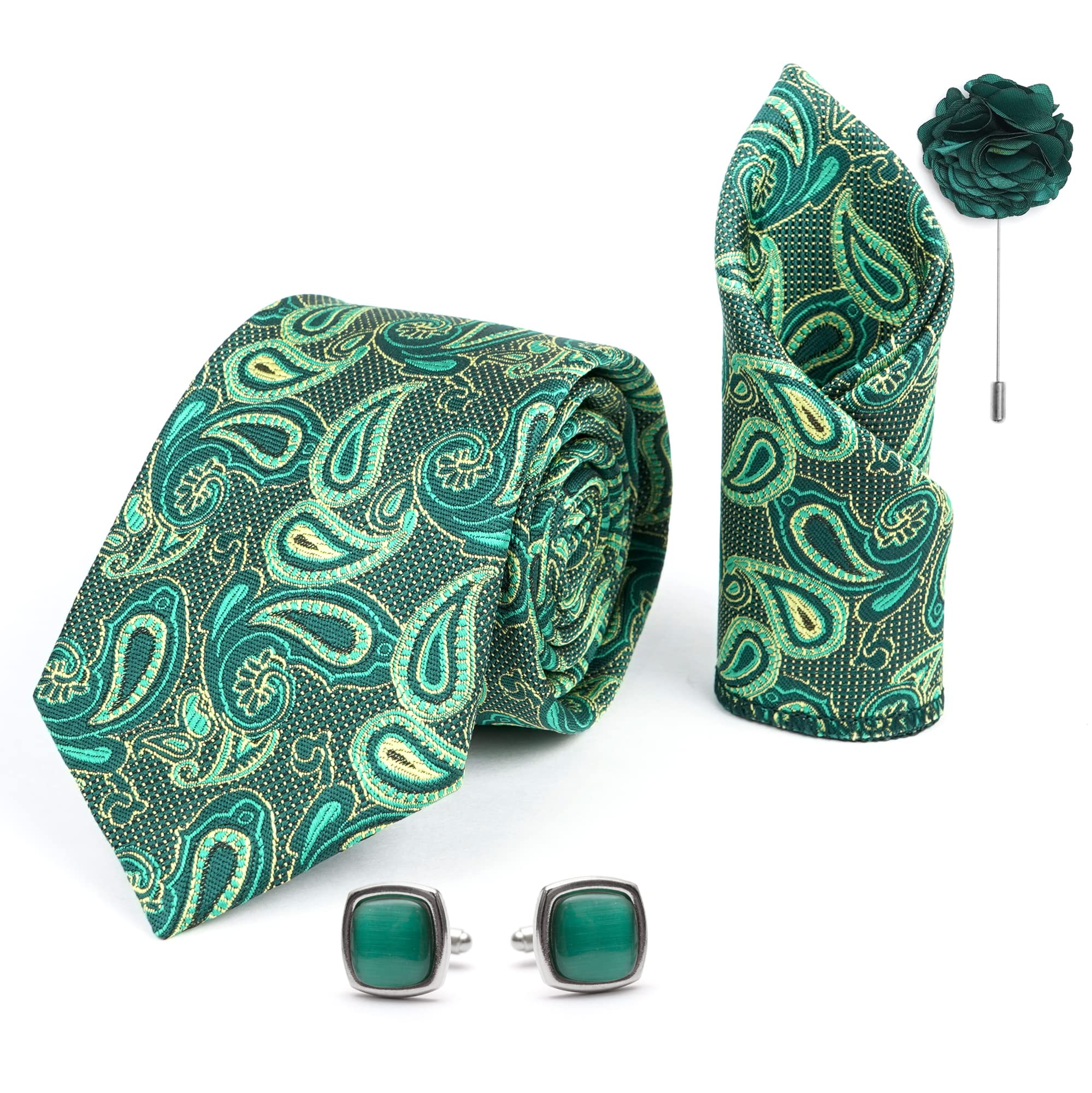axlon Mens Plaid Pasiley Silk Necktie Gift Set With Pocket Square Cufflinks & Brooch Pin Tie For Men Formal With Leatherite Box (AMBI4RX Free Size) | (Leather Gift Box) (Pack of 4)-picture-21