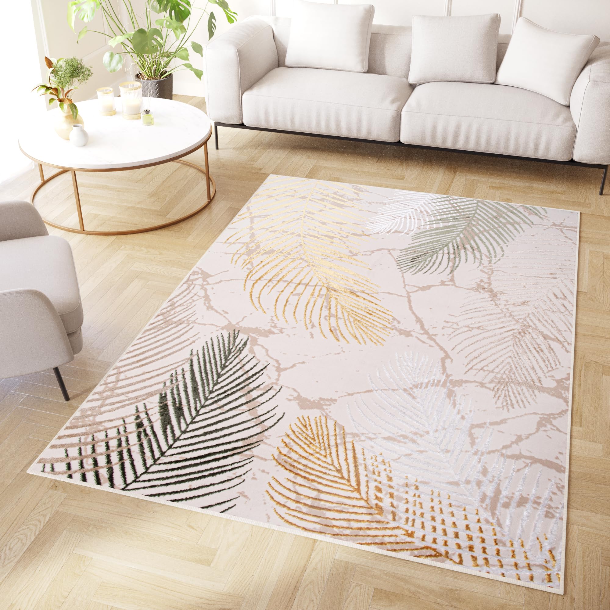 TAPISO Crystal Alfombra de Pelo Corto Brillante Suave Moderna Verde Dorado Crema Blanco Hojas de Palma Tropical Efecto 3D Alfombra Salón Habitación Dormitorio Oeko-Tex 200 x 300 cm OEKO-TEX STANDARD 100