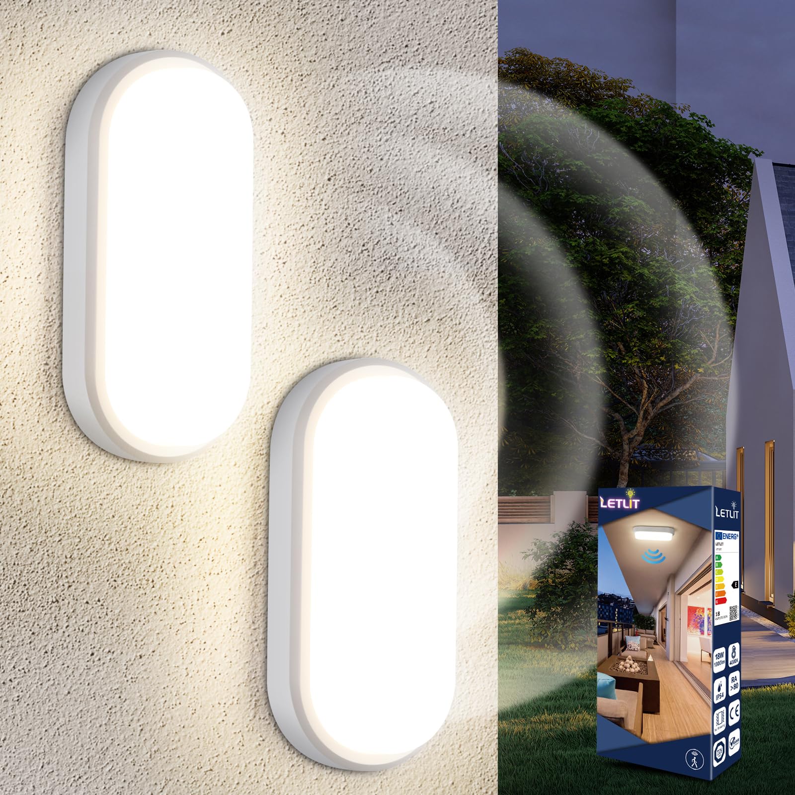 Lampada con Sensore di Movimento, 18W 1800LM Applique da Parete Interno Luci, IP54 Plafoniera Led Soffitto Ovale Esterno, 4000K Applique Luce Bagno per Balcone Scale Corridoio Garage, 2 Pezzo