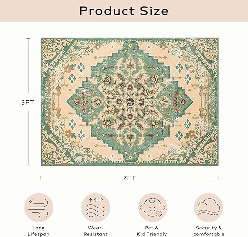 Miniatura 288 de Ashler - Alfombras bohemias vintage de 5 x 8 pies para sala de estar, lavables a máquina con parte trasera antideslizante, alfombra para interiores