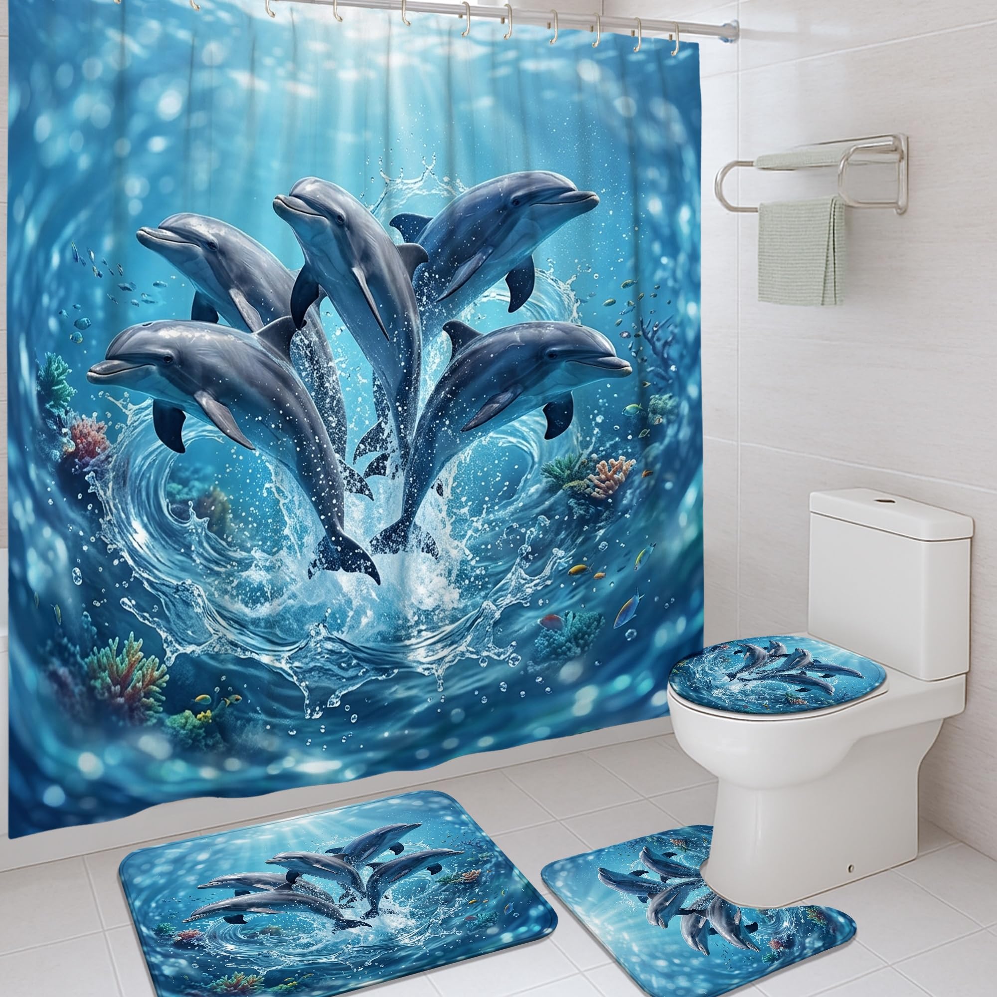Rideau de douche étanche en polyester et tapis absorbant motif dauphins