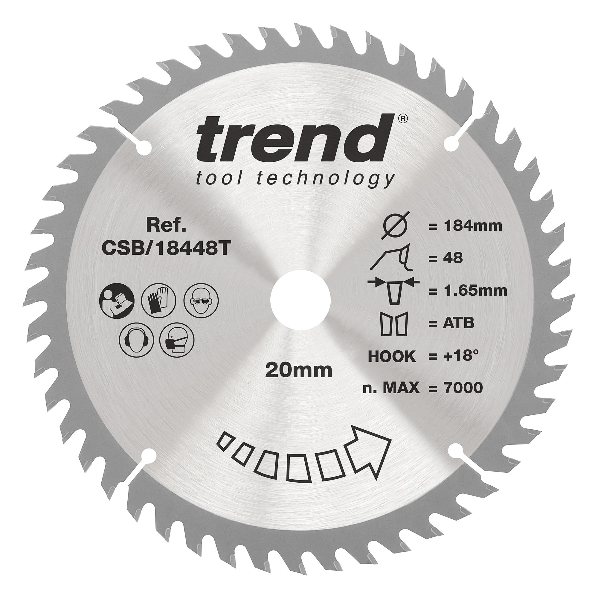 Trend Wood Cordless Circular Saw Blade, 184mm Diameter, 20mm Bore, 48 Teeth, 1.65mm Kerf, +18° Hook, TCT, Fine Finish, CSB/18448T