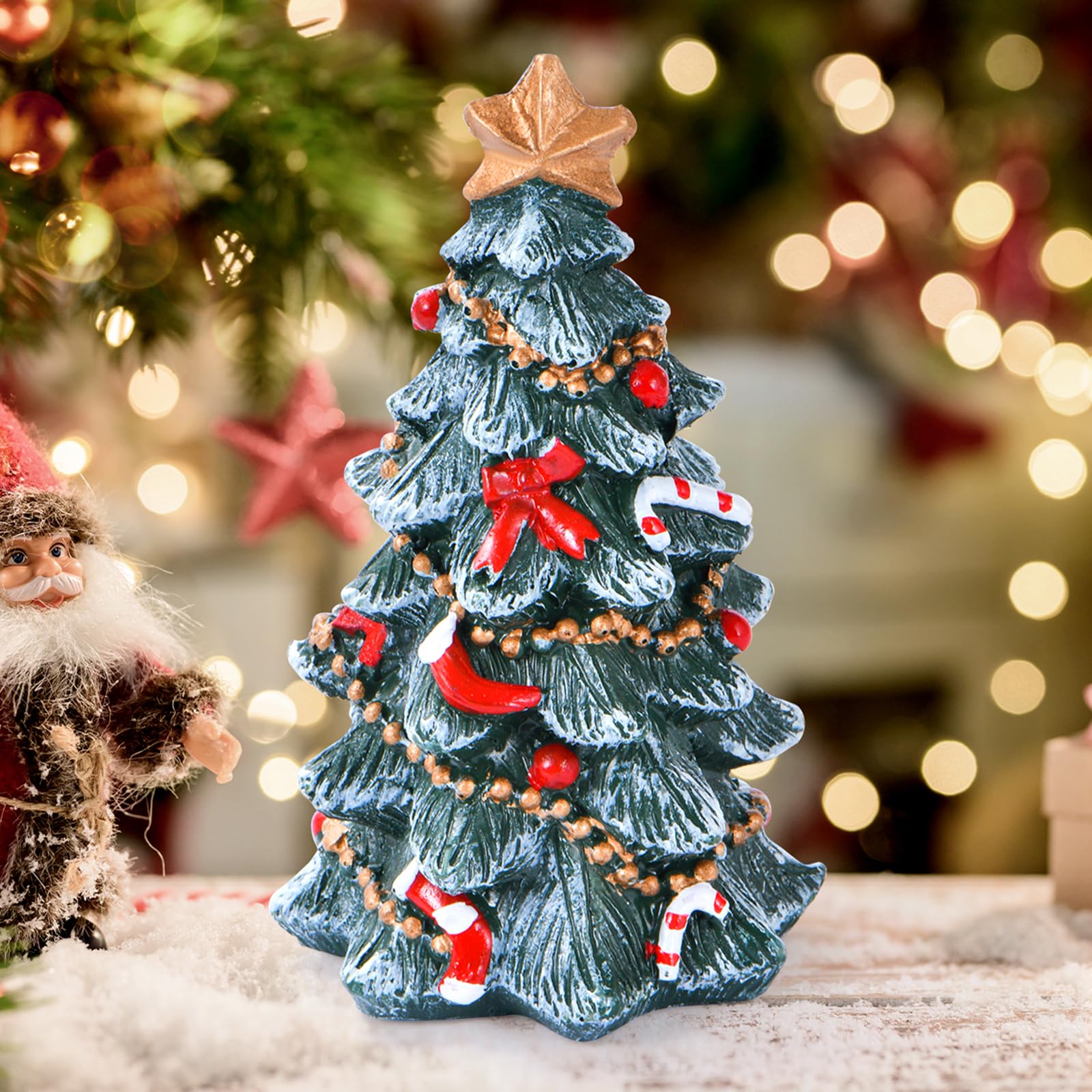 Christmas Decor Figurine, Christmas Tree with Various Decorations, Resin Xmas Ornament for Table Top Centerpiece Fireplace, Handmade Statue for Gift, Christmas Party Home Decoration (Tree)