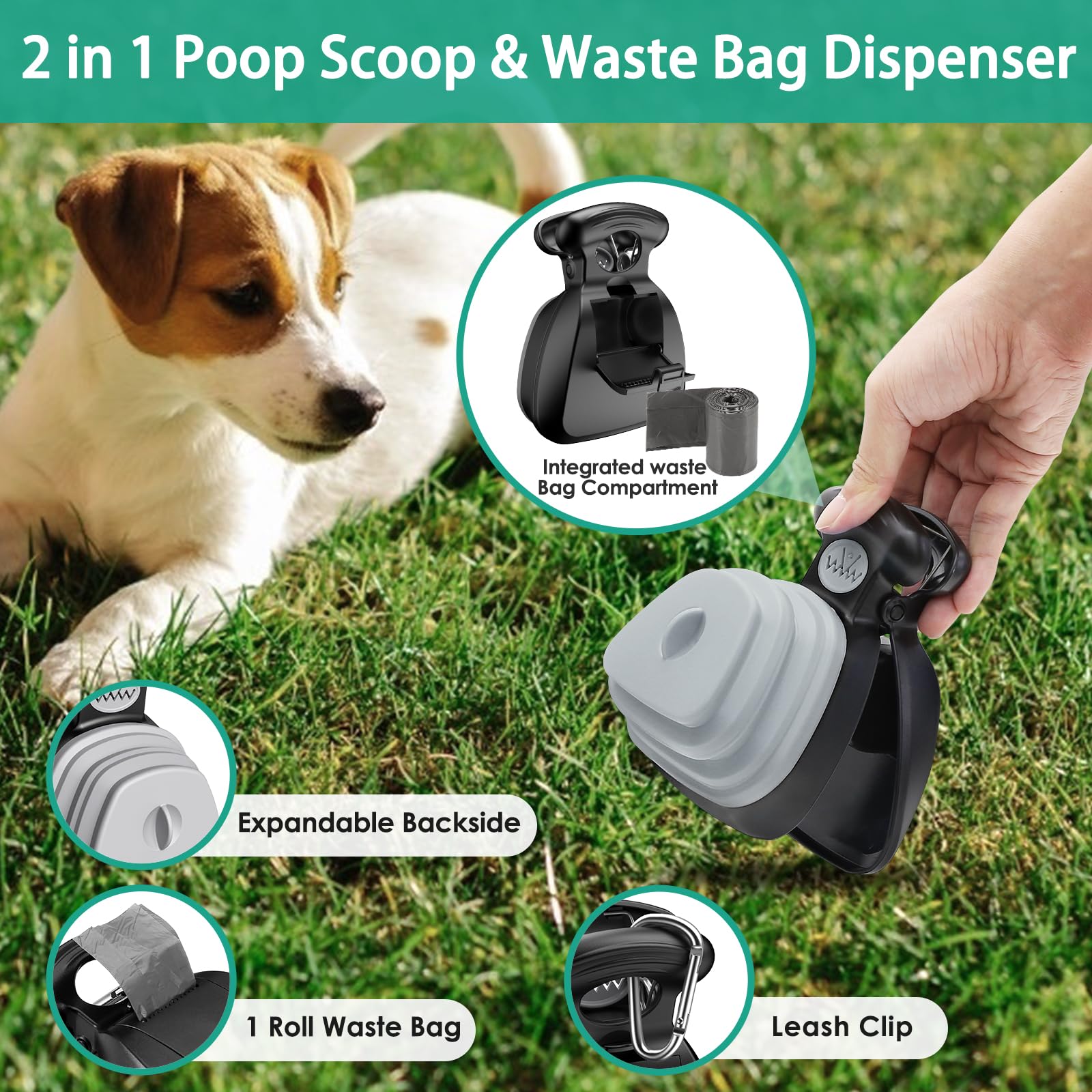 ORIA Paletta per Escrementi di Animali, Portatile Scoop di Poop Dog con Dispenser Bag, Scooper per Animali Domestici per Passeggiate all'Aria Aperta (1 Sacchetto per Rifiuti in Rotolo Incluso)