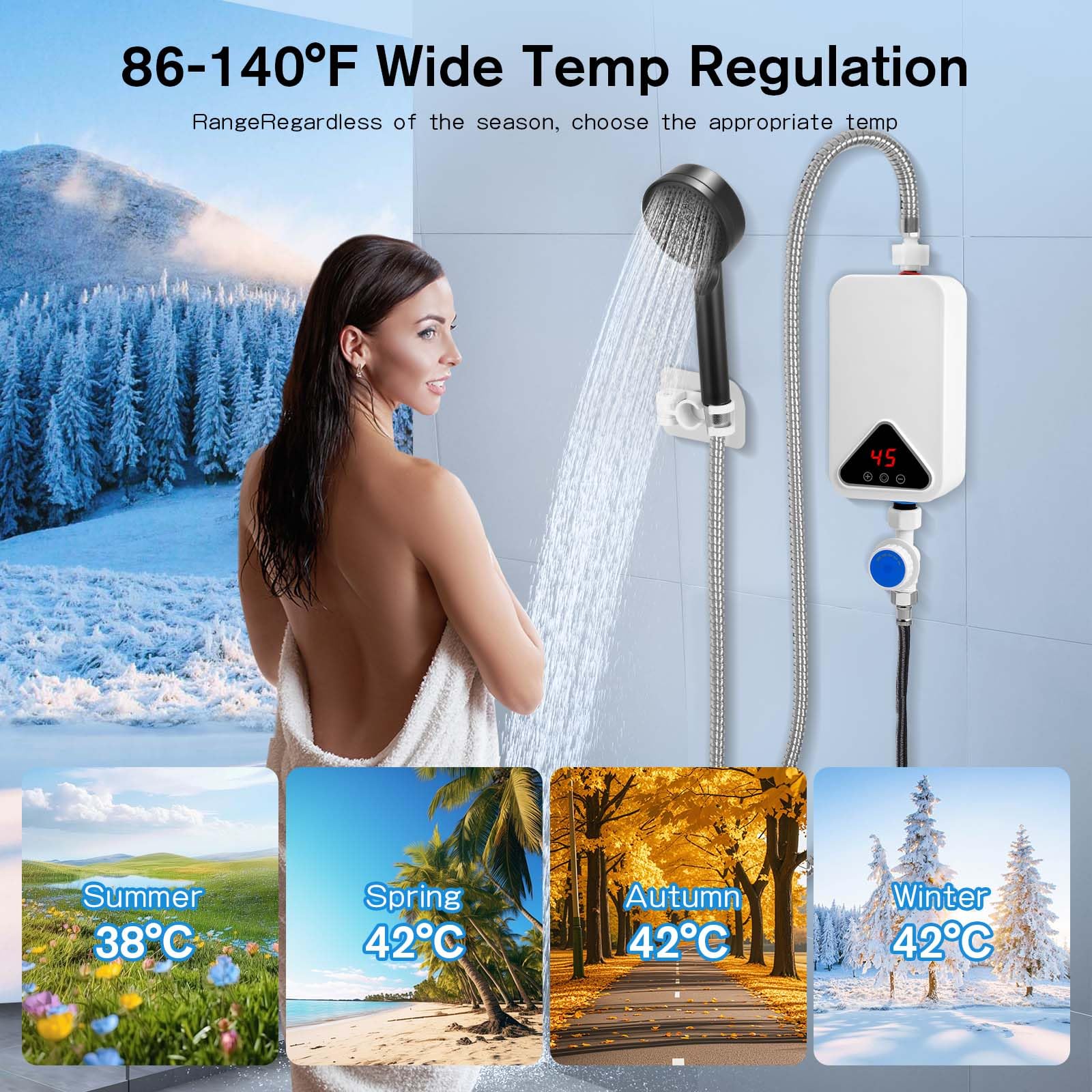 Scaldacqua istantaneo senza serbatoio da 5500 W, con set doccia, 220 V, con display digitale LCD e pulsanti touch, adatto per doccia, bagno, cucina, lavandino (A)
