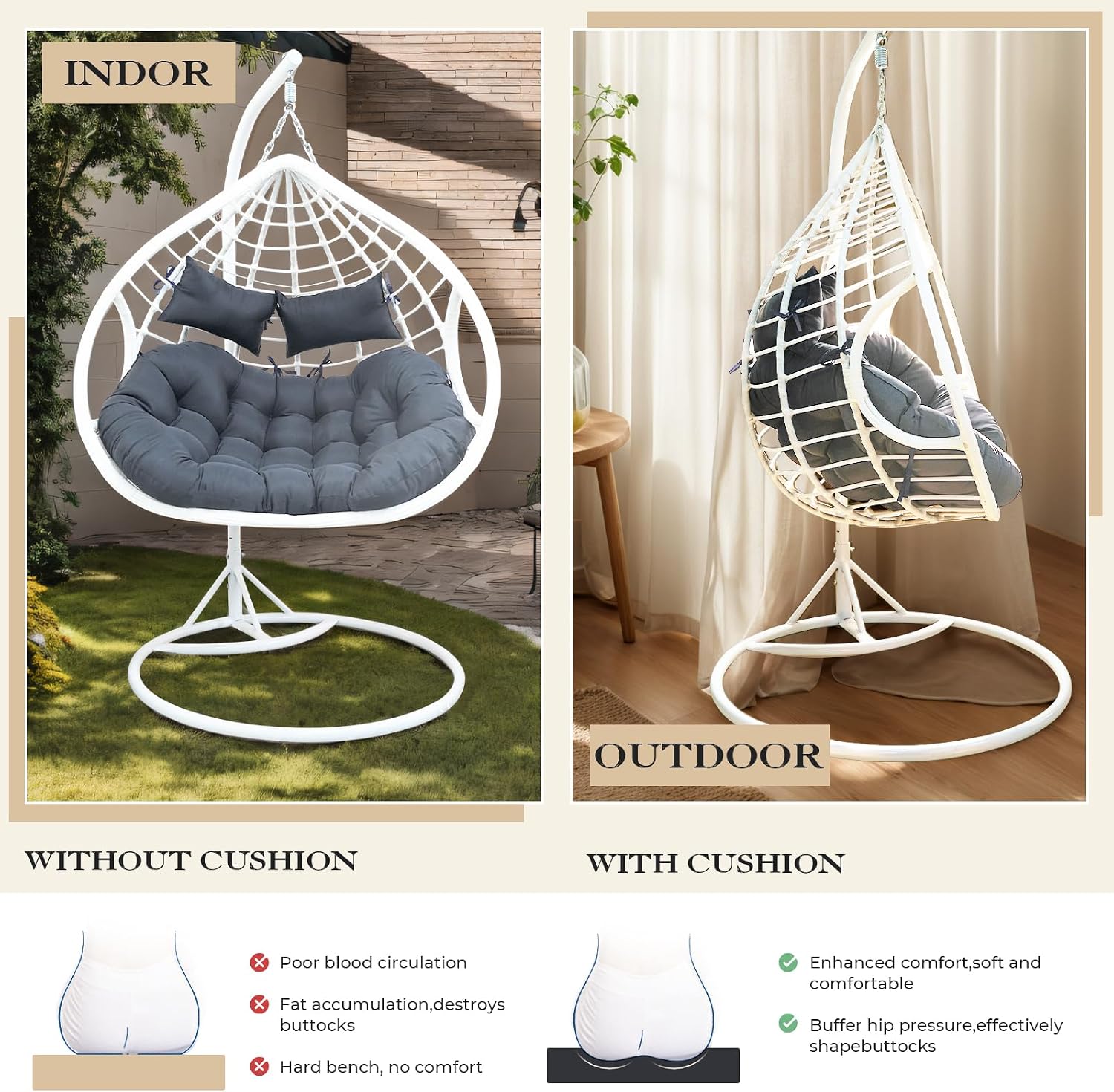 Double Egg Chair Cushion Replacement 55x35in -Thickened Waterproof Removable Double Hanging Egg Chair Cushions, Swing Chair Cushiono, Indoor/Outdoor Patio Hanging Basket Chair Cushions,Grey