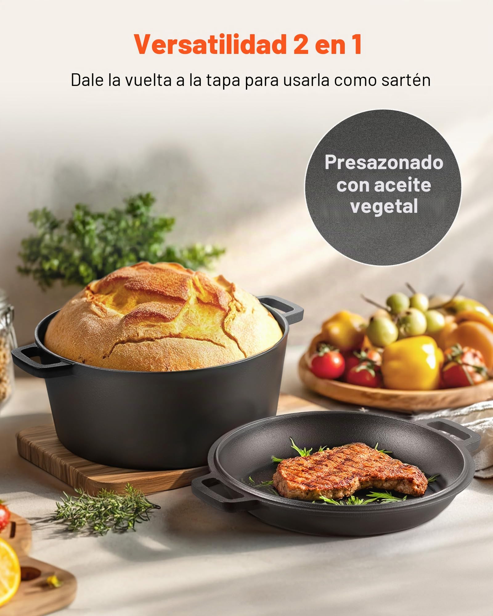 VEVOR Horno Holandés de Hierro Fundido, 2 en 1 con Tapa, 4,73 L, con Cesta de Fermentación y Accesorios, Compatible con Horno de Pan de 260 °C, para 3 a 5 Personas a la Vez, 322 x 260 x 165 mm