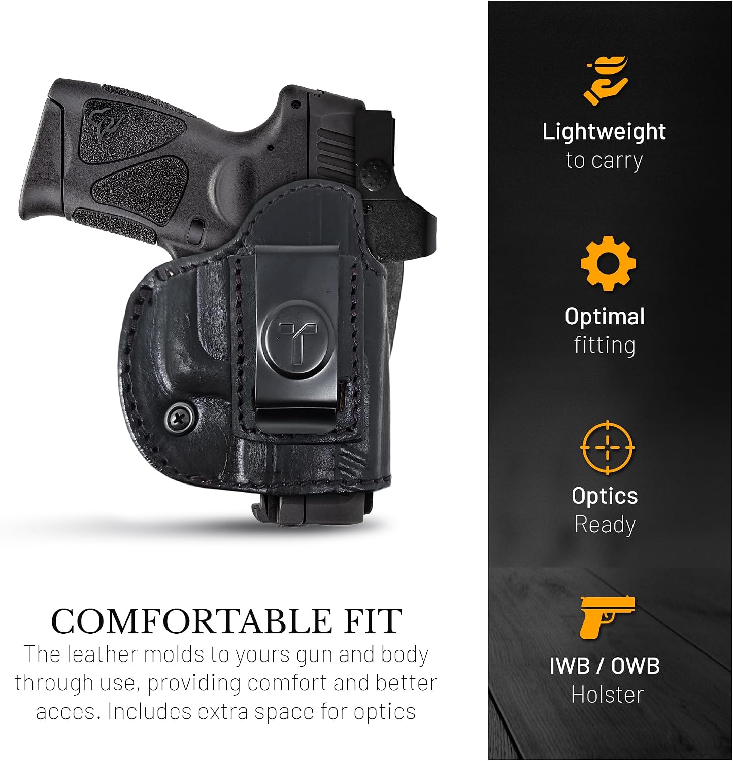 4 in 1 Multi Position IWB/OWB Leather Holster Optic Ready. Leather Gun Holster Glock 26 27, Taurus G2C G3C, Shield 9mm w CT Laser.
