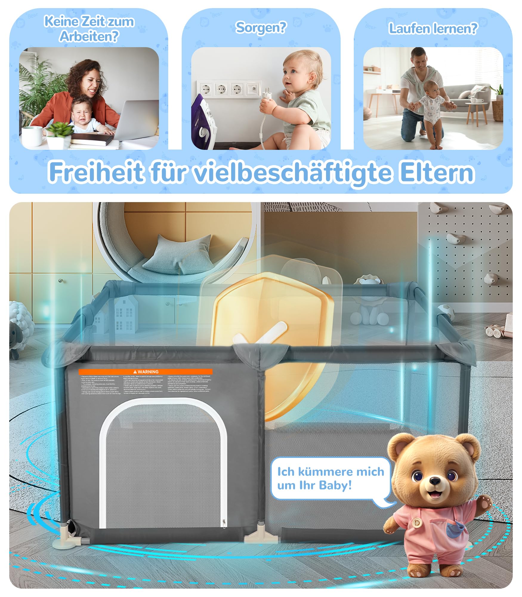 Dripex Laufstall Baby, Kompakter Laufgitter Baby ideal für kleine Räume, Indoor & Outdoor Laufgitter & -Ställe mit Atmungsaktivem Netz & Pull-up Rings, 124x124cm, Dunkelgrau