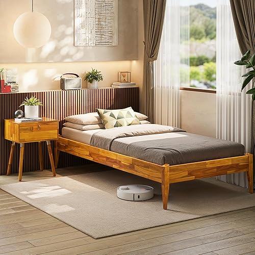 Miniatura 19 de Bme Dinkee Marco de cama característico de 15 pulgadas sin cabecero - Estilo moderno y minimalista con madera de acacia - 12 soportes de listones de
